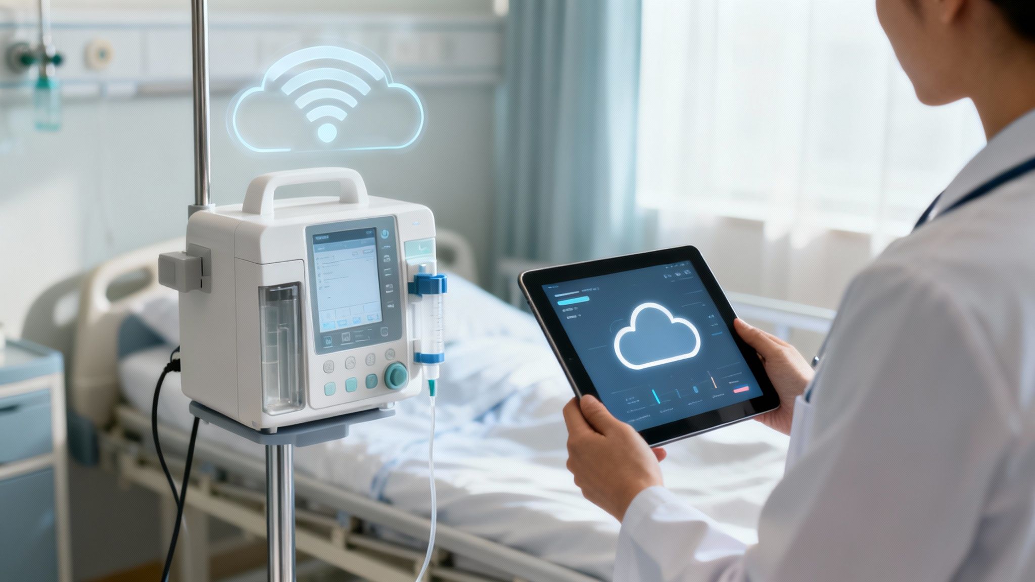 Doctor uses a tablet to monitor a cloud-connected medical device in a hospital room, highlighting digital healthcare.