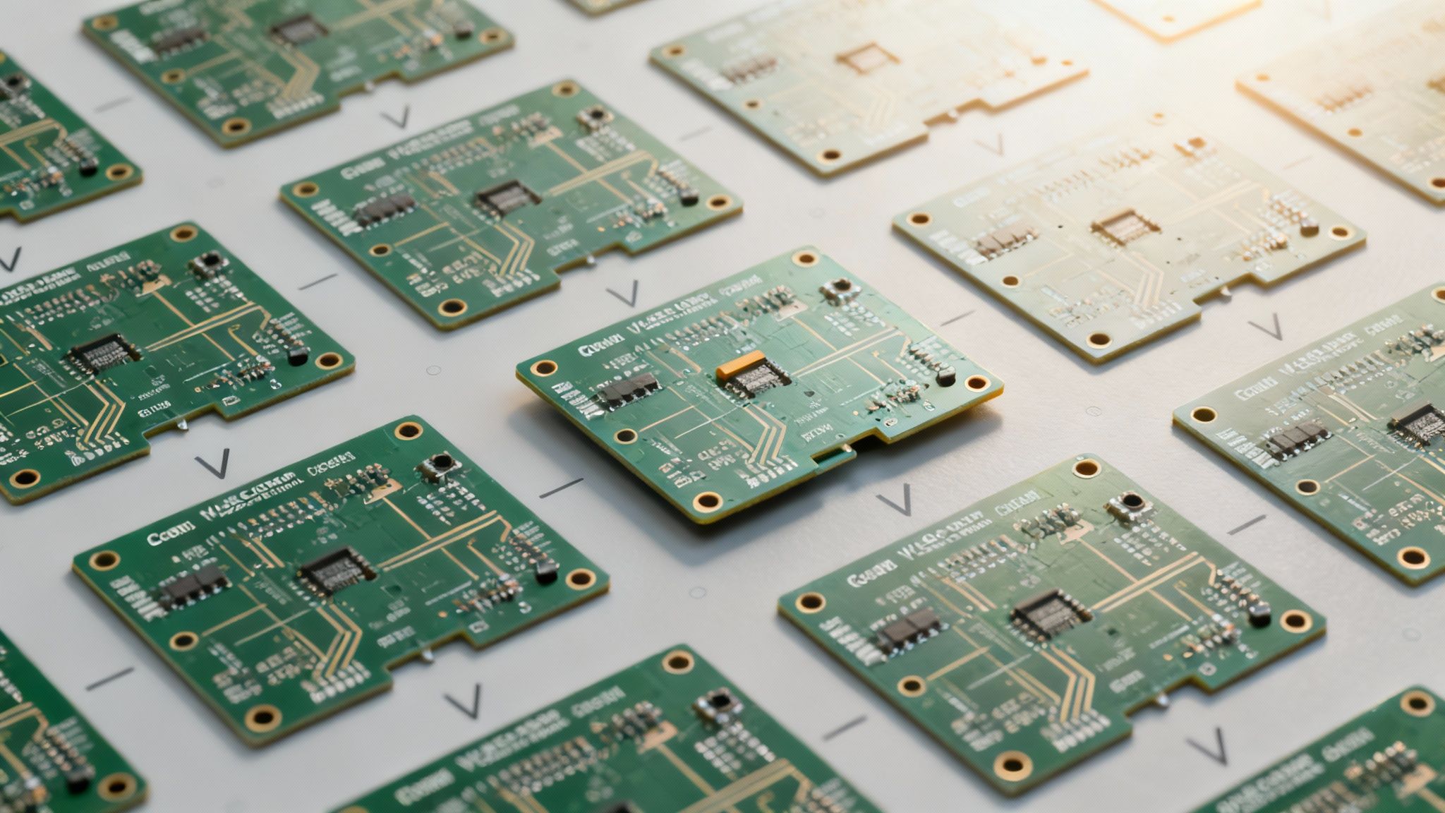Rows of green electronic circuit boards with visible components, suggesting manufacturing or assembly.