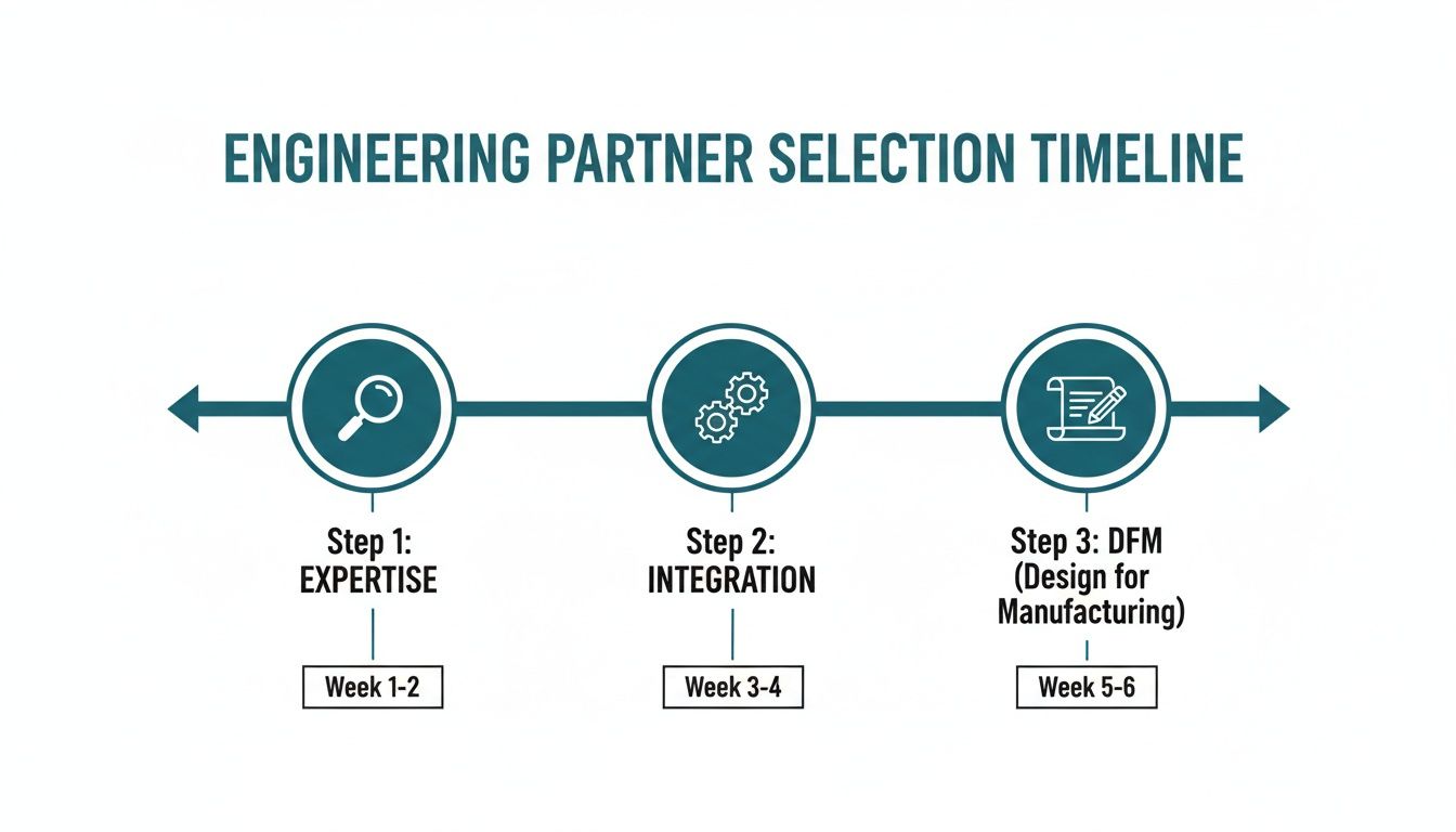 A timeline infographic illustrating a 3-step engineering partner selection process over 6 weeks.