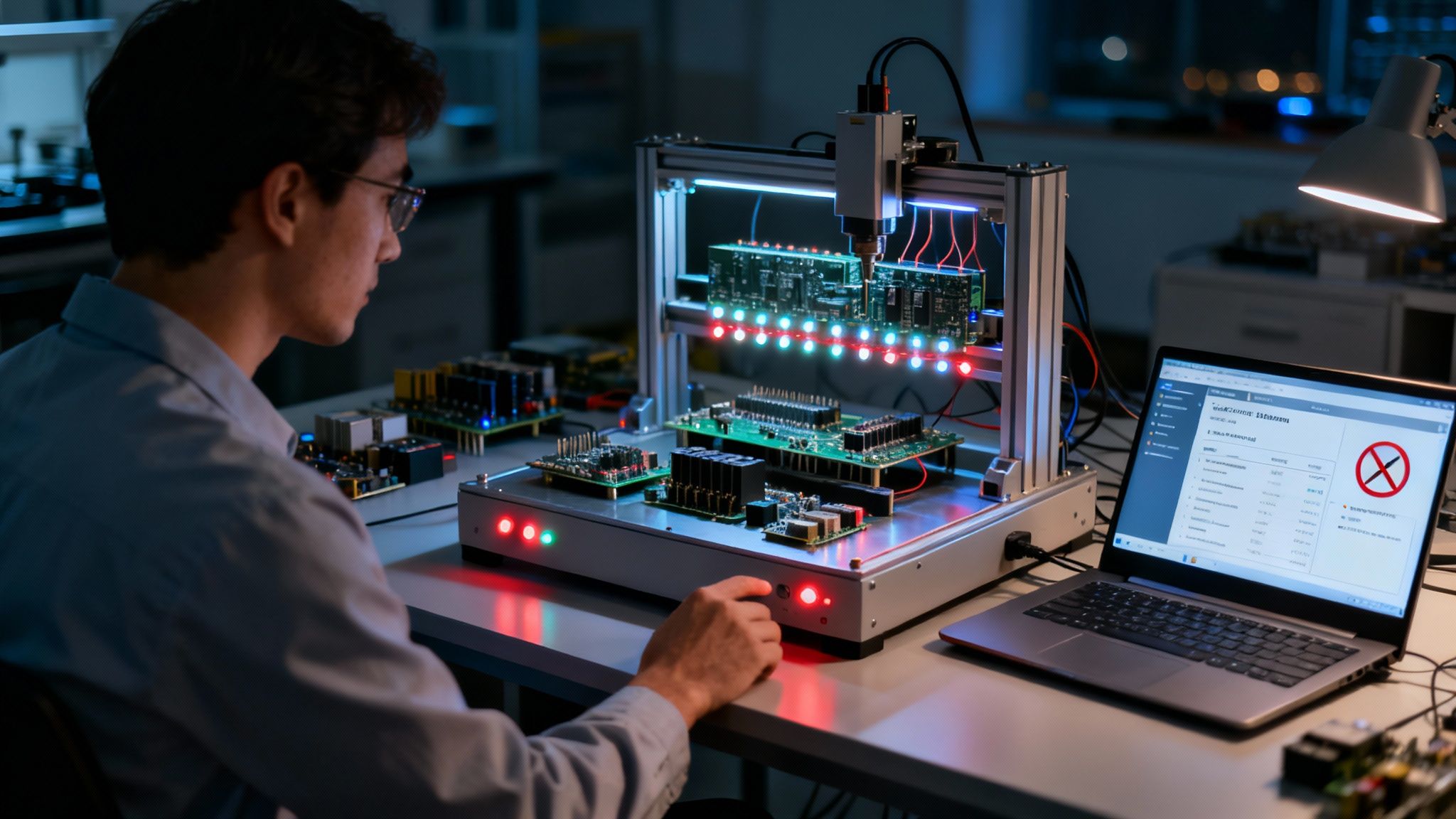 An engineer operates an automated circuit board testing machine with a laptop displaying results.