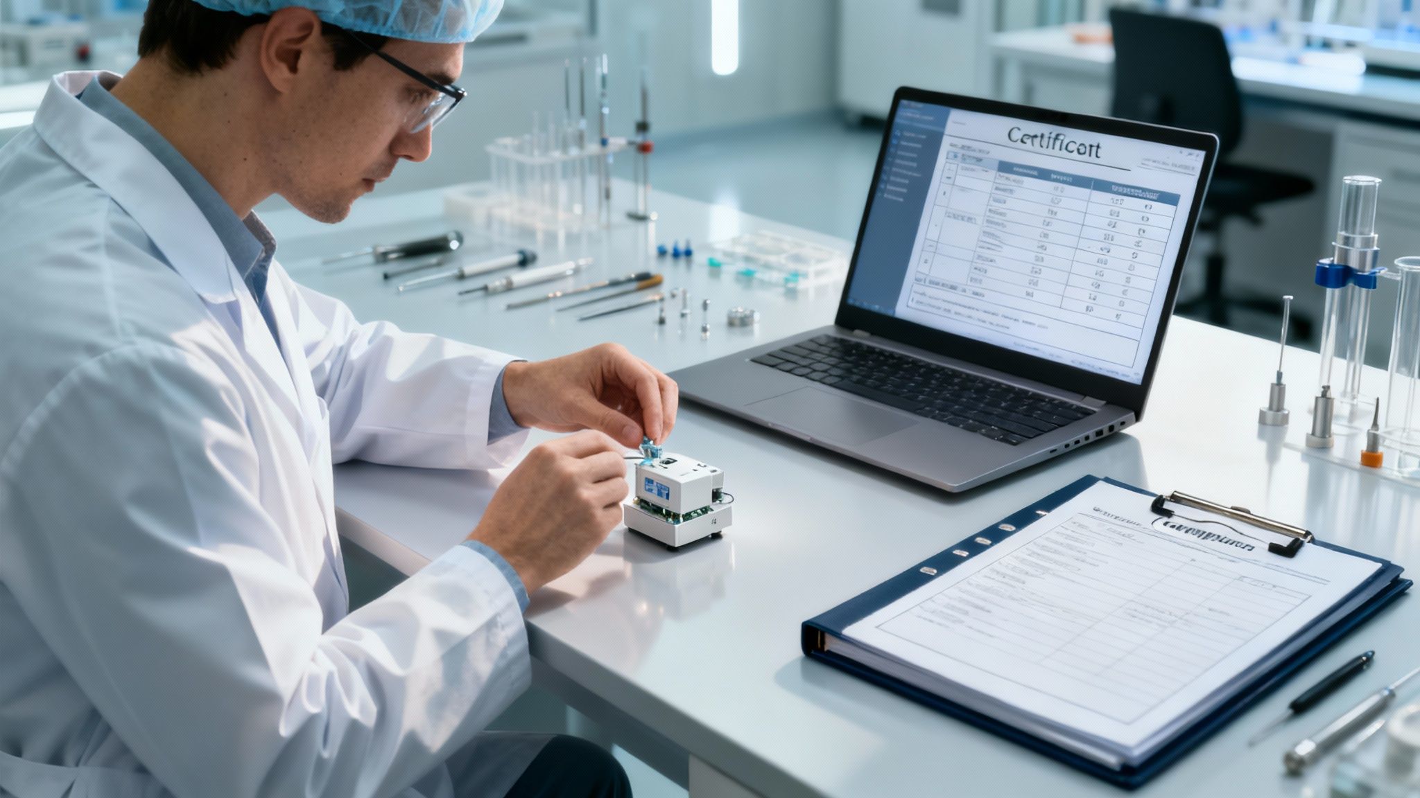 Scientist in lab coat assembling electronic components in a cleanroom with a laptop and lab equipment.