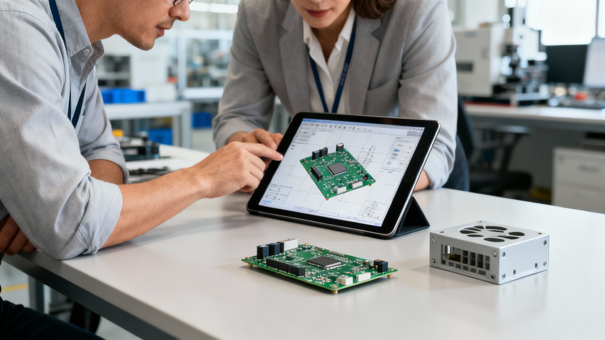 Two engineers collaborate on a tablet displaying a 3D circuit board design, with physical components.