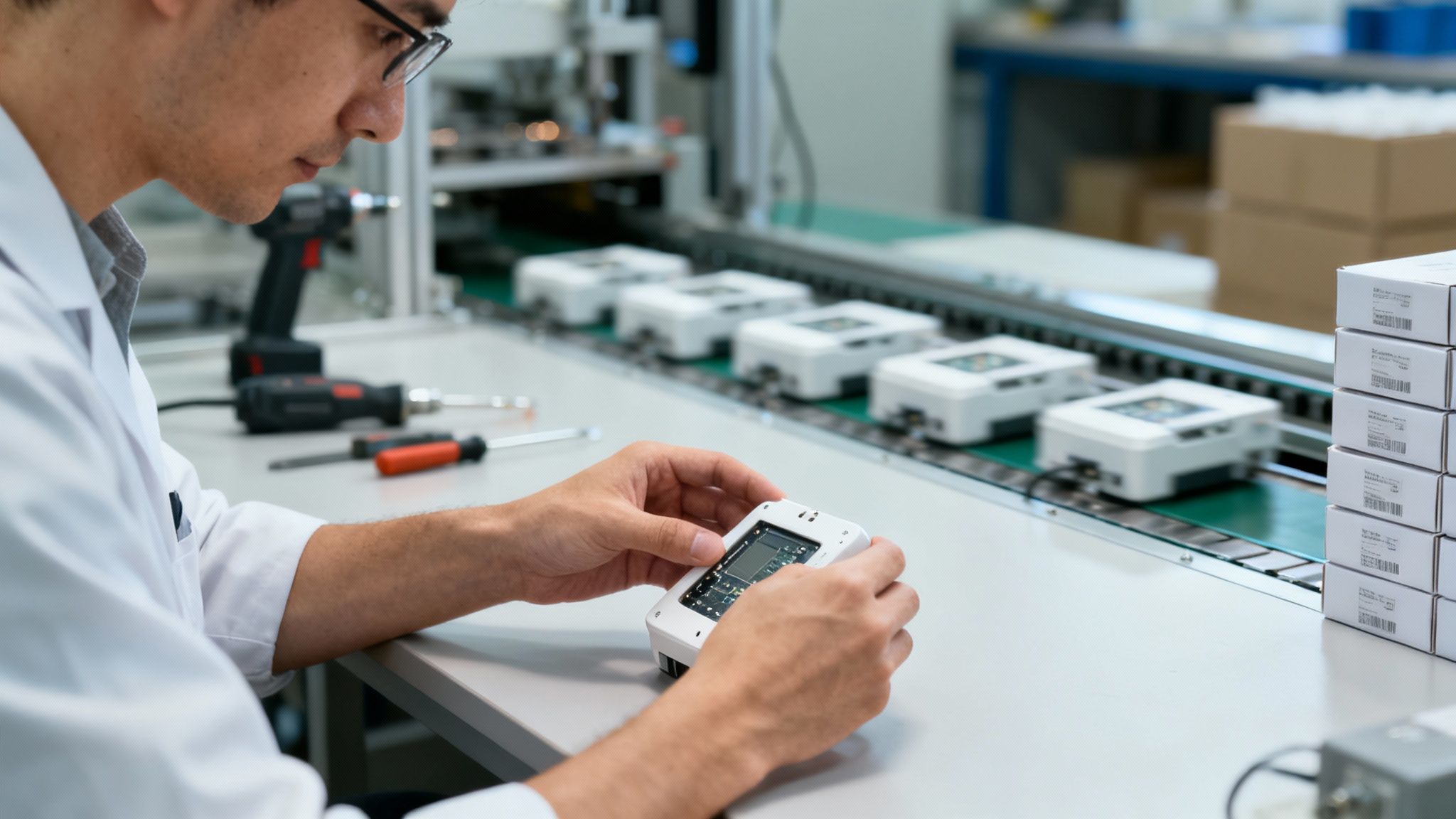 Man in lab coat assembling an electronic device at a workbench in a manufacturing facility.