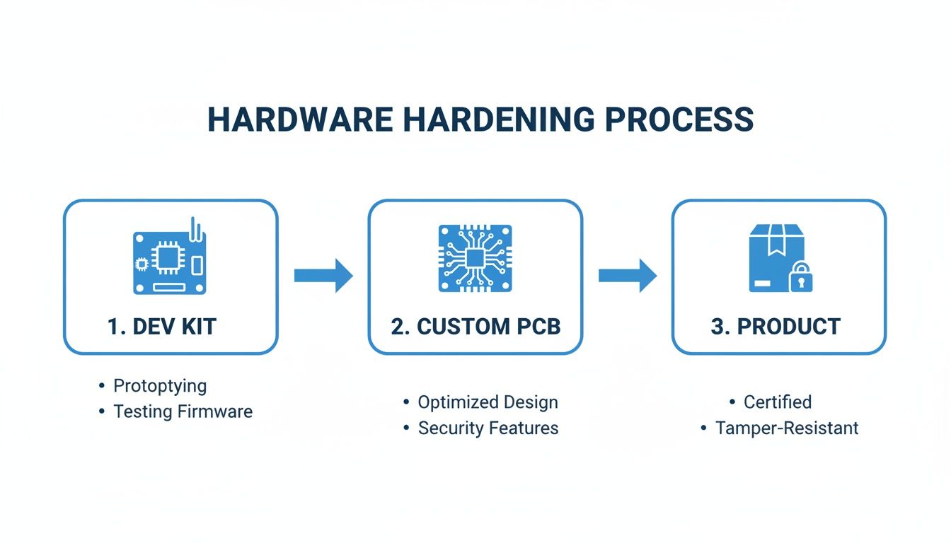 Flowchart showing the hardware hardening process, from dev kit prototyping to custom PCB and final product.