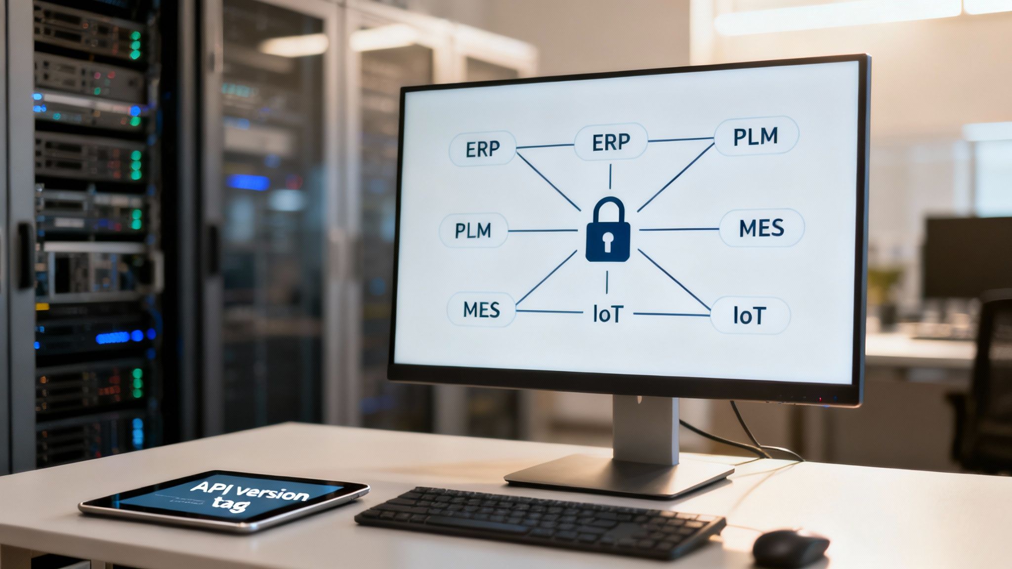 A monitor displays a secure system integration diagram (ERP, PLM, MES, IoT) in a data center office.