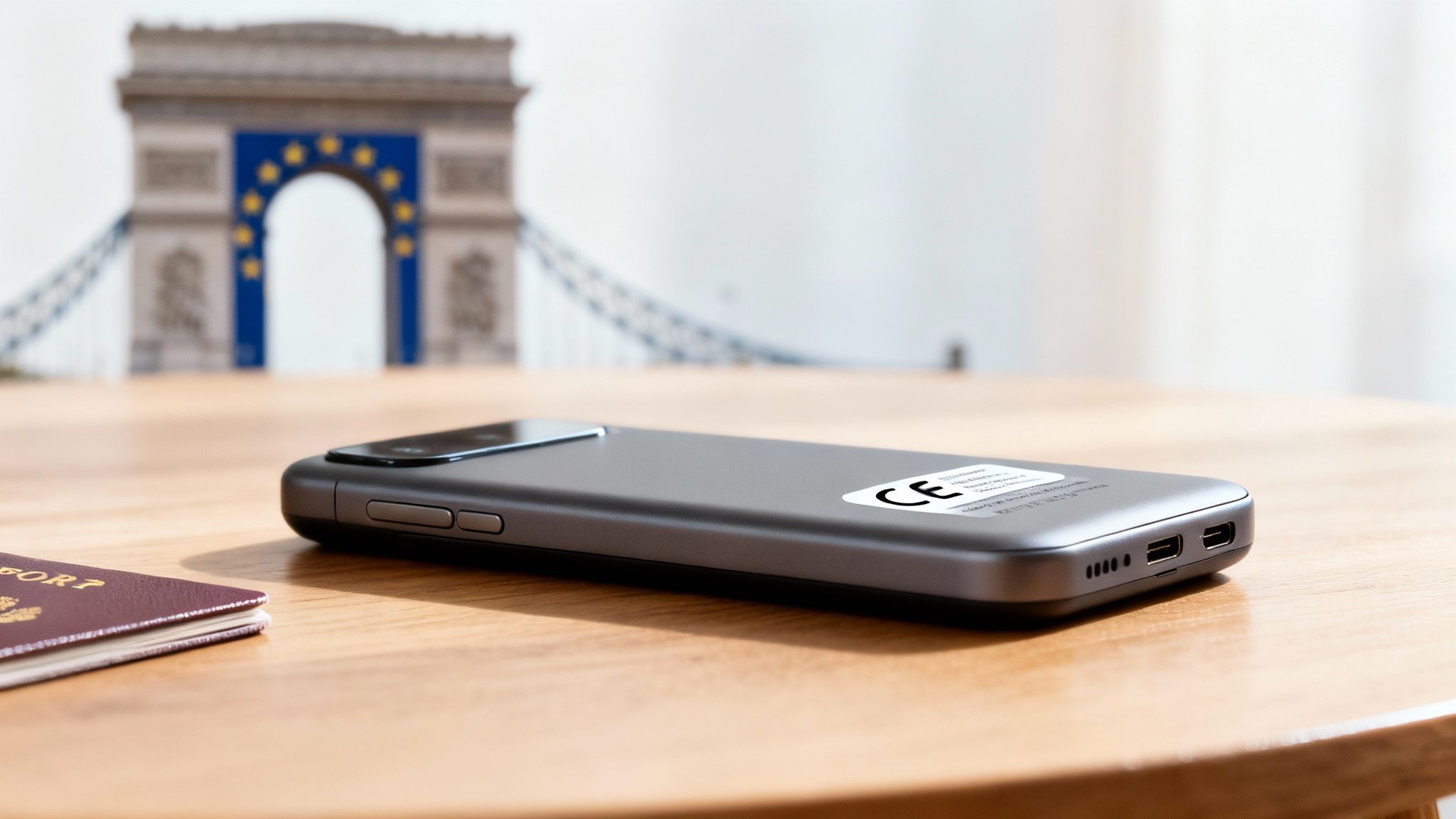 Grey power bank with CE sticker on a wooden table, next to a passport, with European landmark background.