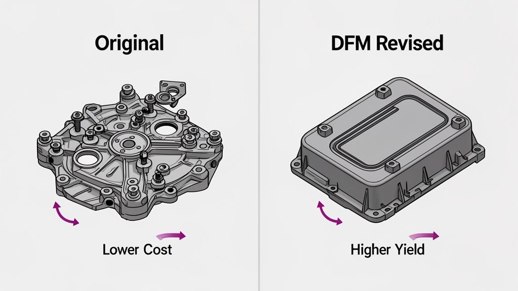 A comparison showing an original complex part for lower cost versus a DFM revised simpler part for higher yield.