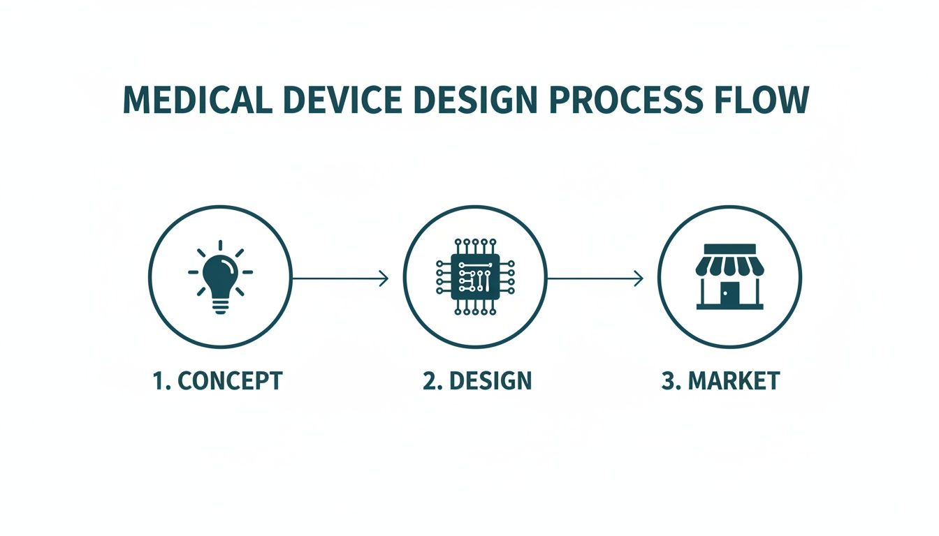 Visual flow illustrating the medical device design process: concept, design, and market stages.