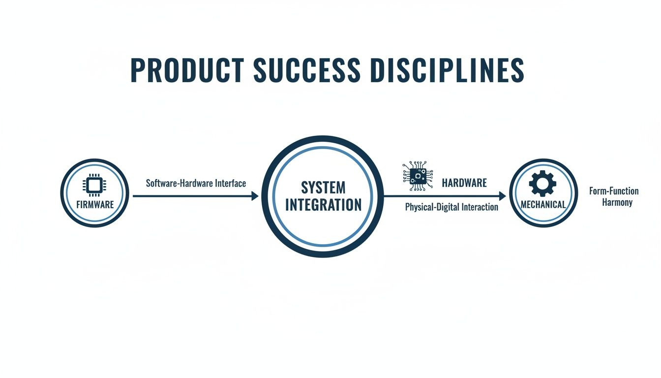 Flowchart illustrating product success disciplines including firmware, system integration, hardware, and mechanical aspects.