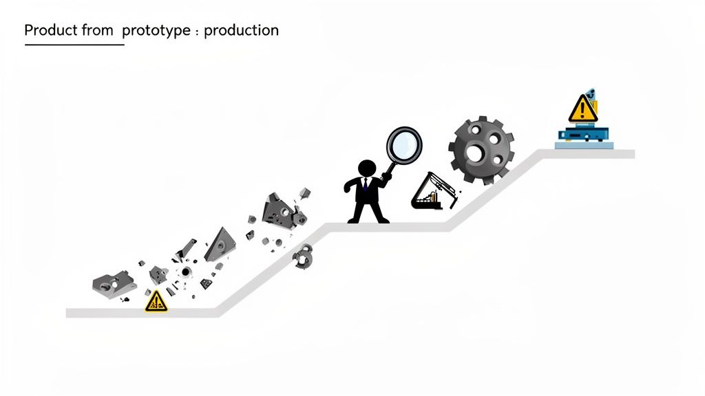 An infographic shows the product lifecycle from prototype challenges, through inspection, to final production.