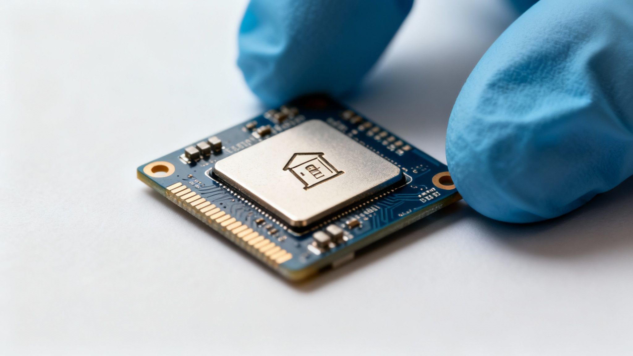 A blue-gloved hand holds a small electronic chip featuring a house icon, signifying smart home tech.