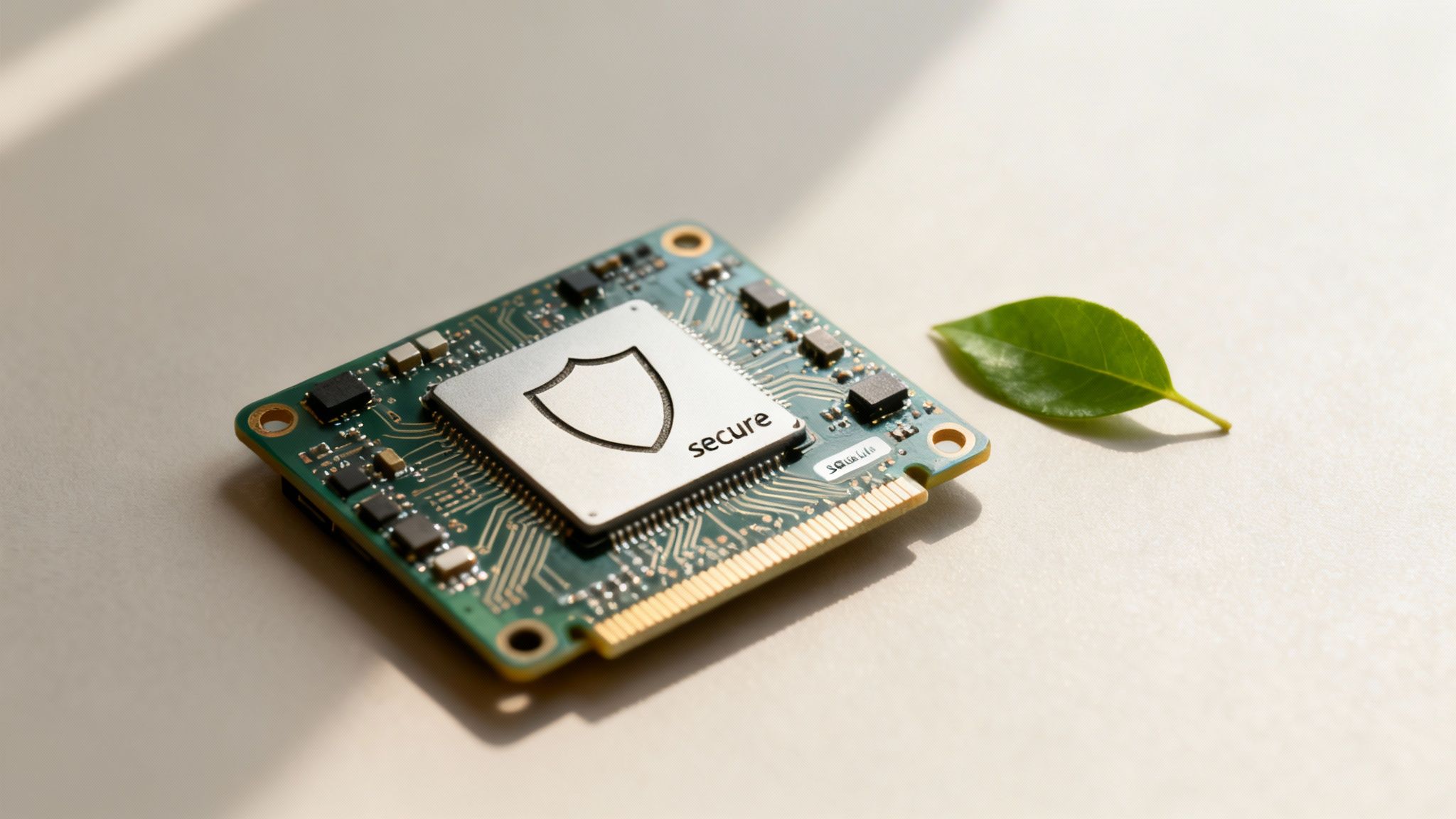A circuit board with a 'secure' shield icon next to a vibrant green leaf, symbolizing technological security.