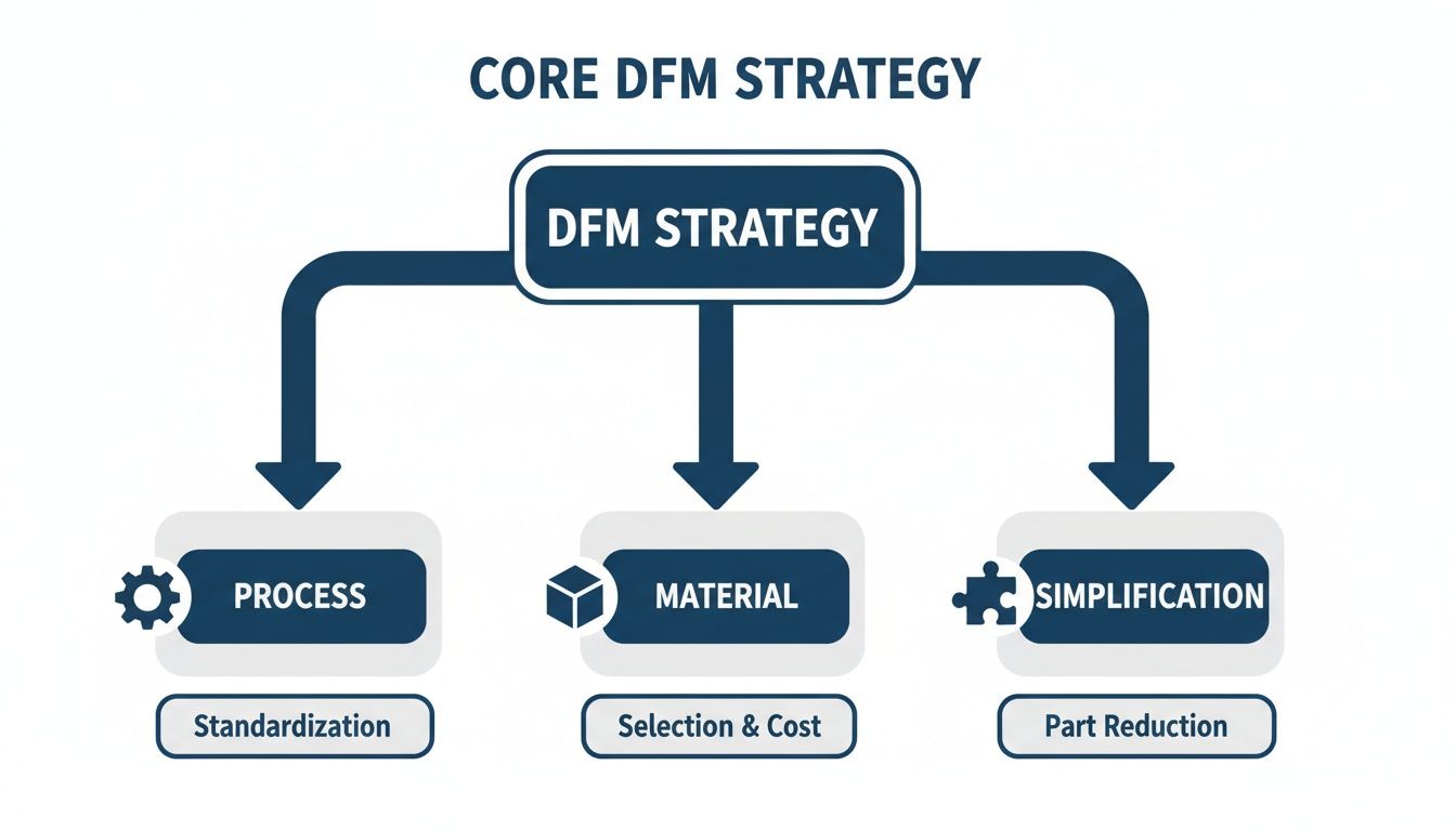 Flowchart outlining the core DFM strategy, focusing on process, material, and simplification for manufacturing.