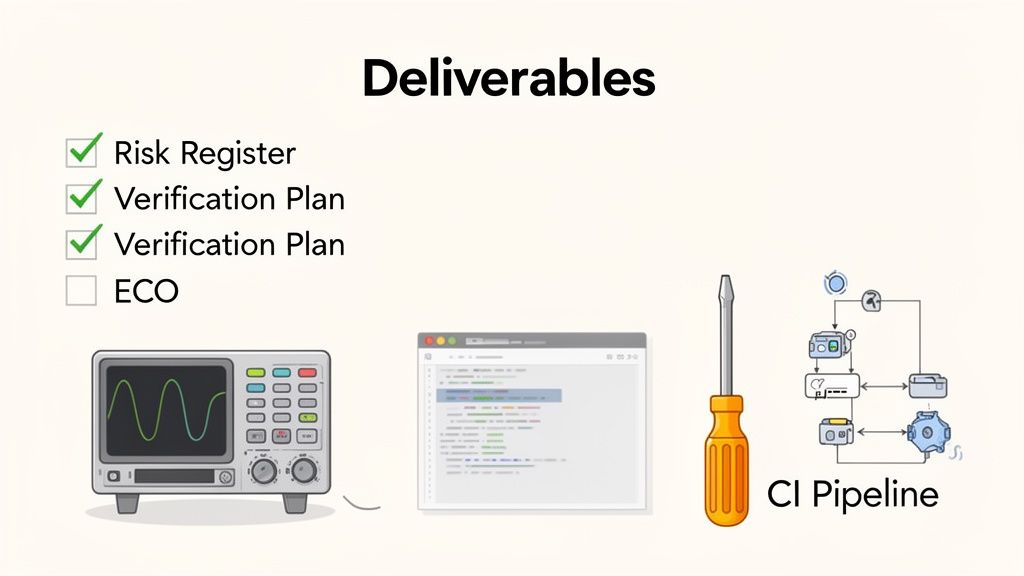 A checklist of project deliverables including Risk Register and Verification Plans, alongside engineering tools and a CI pipeline.