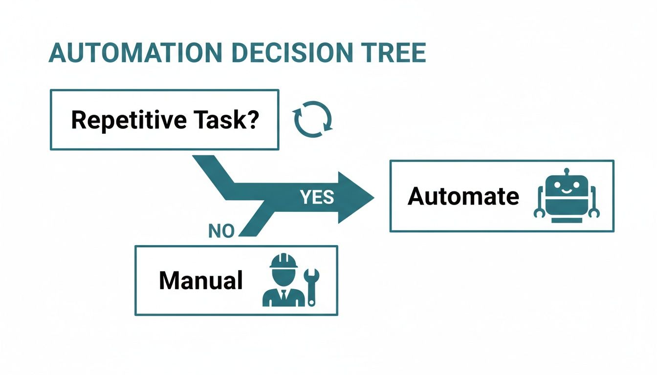 Automation decision tree flowchart illustrates whether to automate a repetitive task or perform it manually.