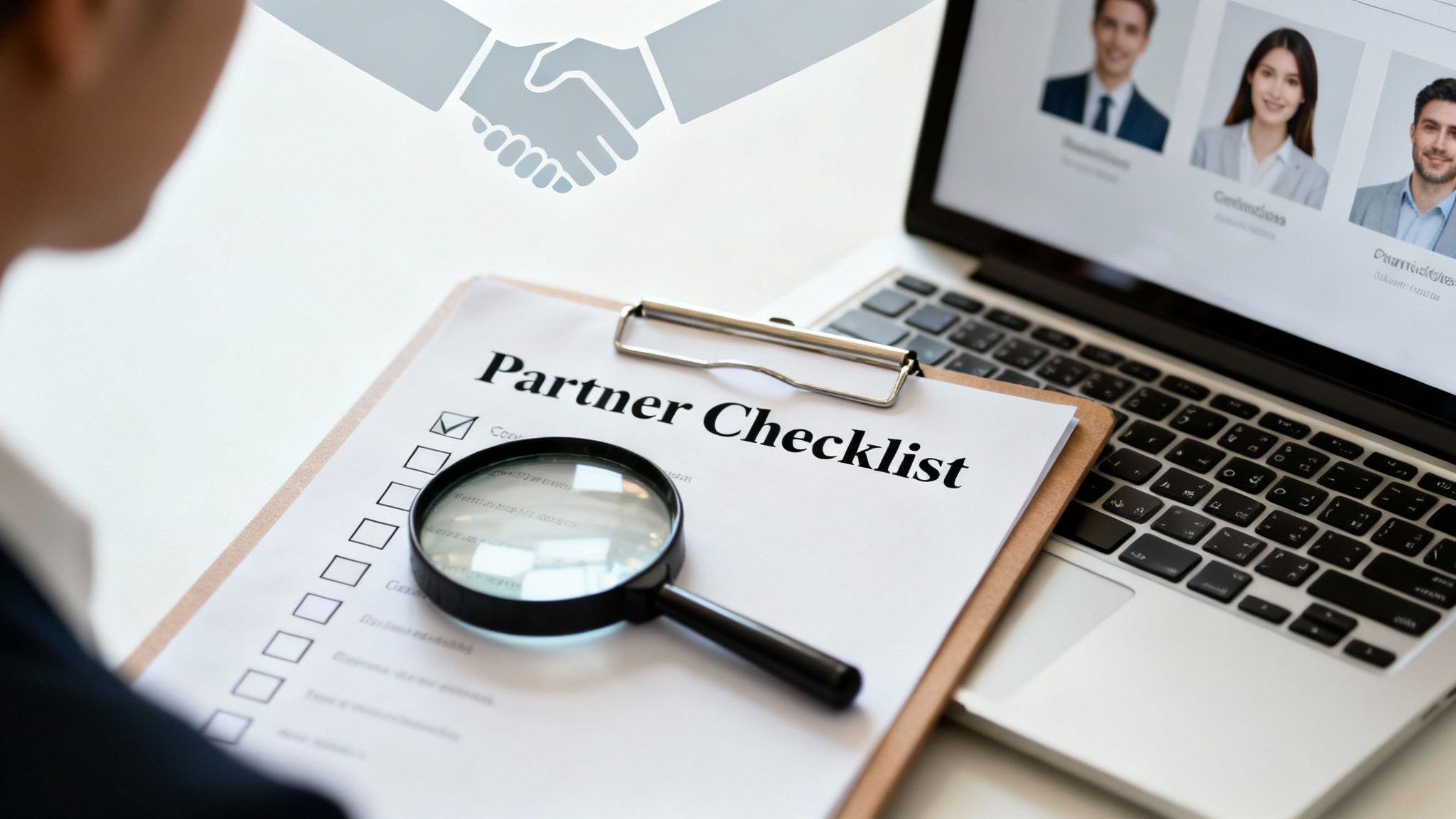 Person reviewing a Partner Checklist with a magnifying glass, while a laptop displays candidate profiles, symbolizing partnership evaluation.