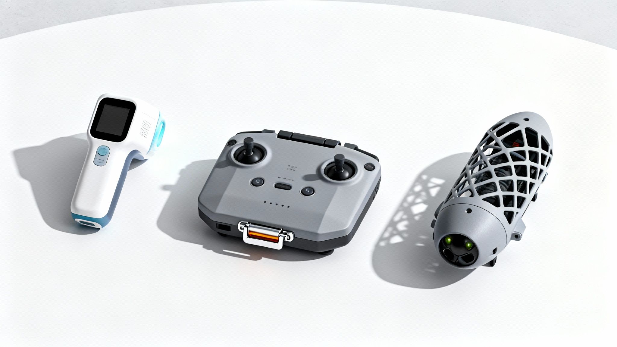 A white and blue infrared thermometer, a gray drone controller, and a caged drone attachment.