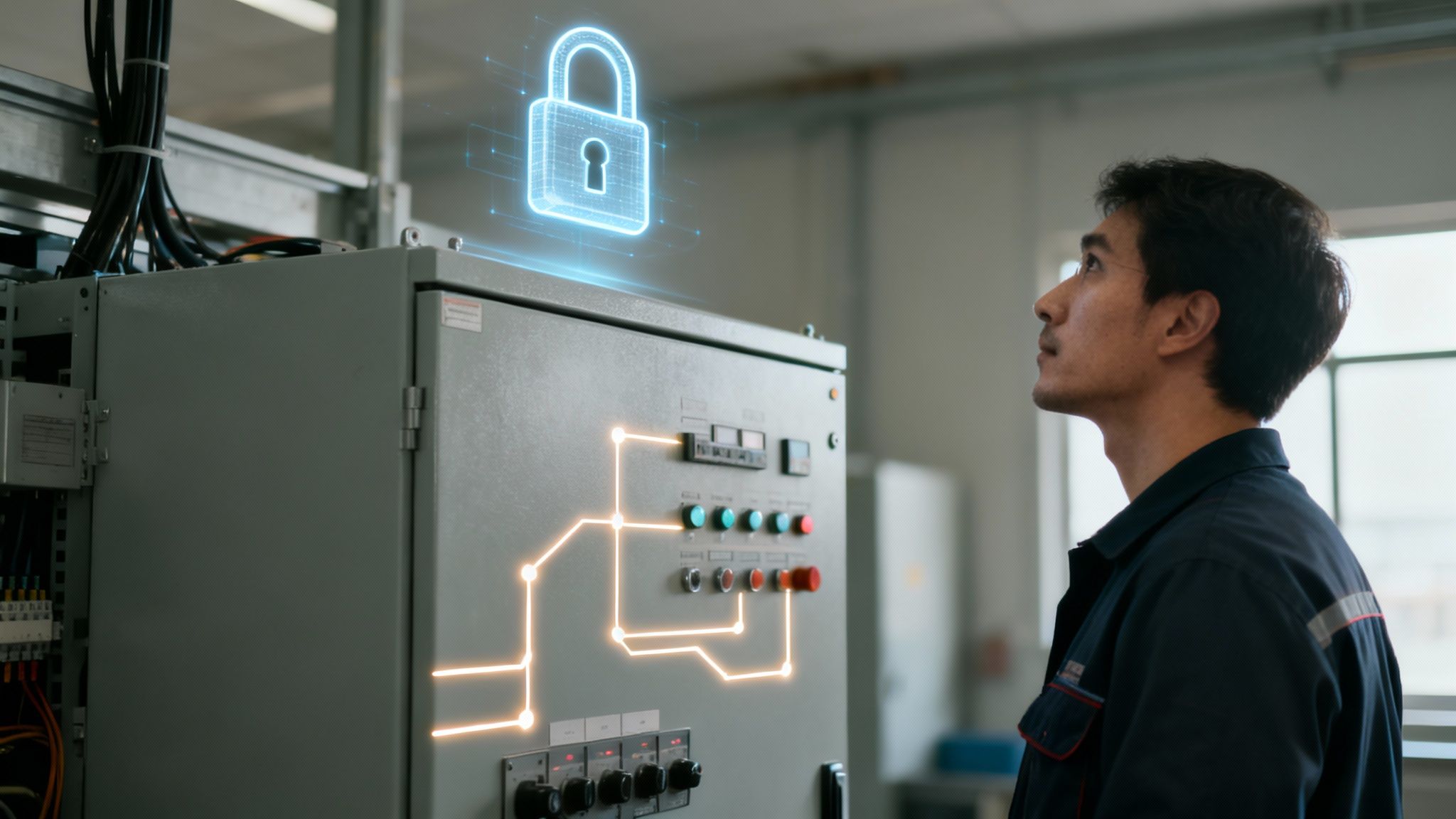 Industrial worker observes digital security padlock above control panel, highlighting system safety.