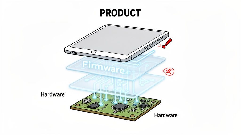 Diagram illustrating the layers of an electronic product: hardware, firmware, and the device itself.