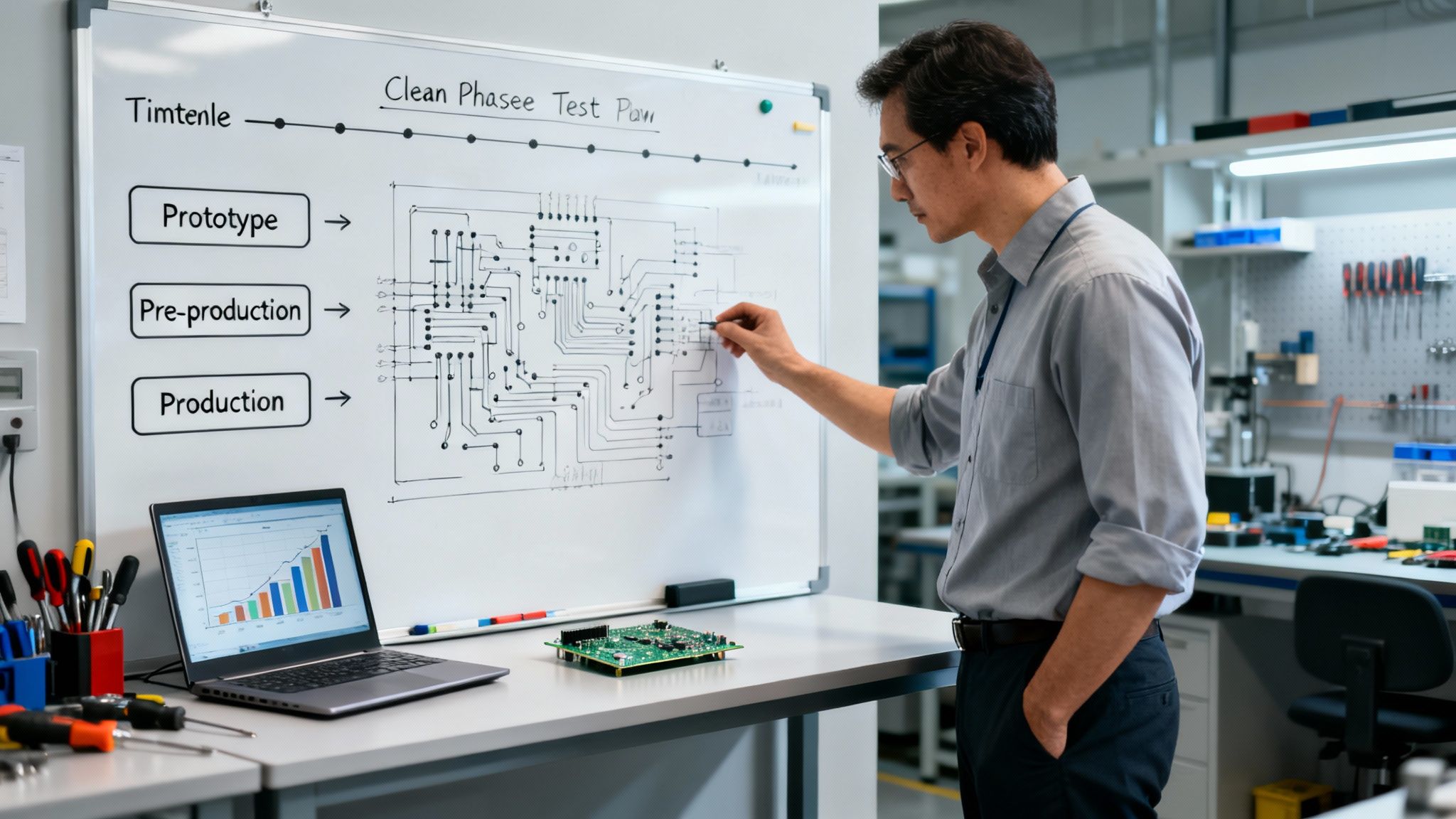 An electrical engineer discusses a circuit test plan on a whiteboard in a modern lab.
