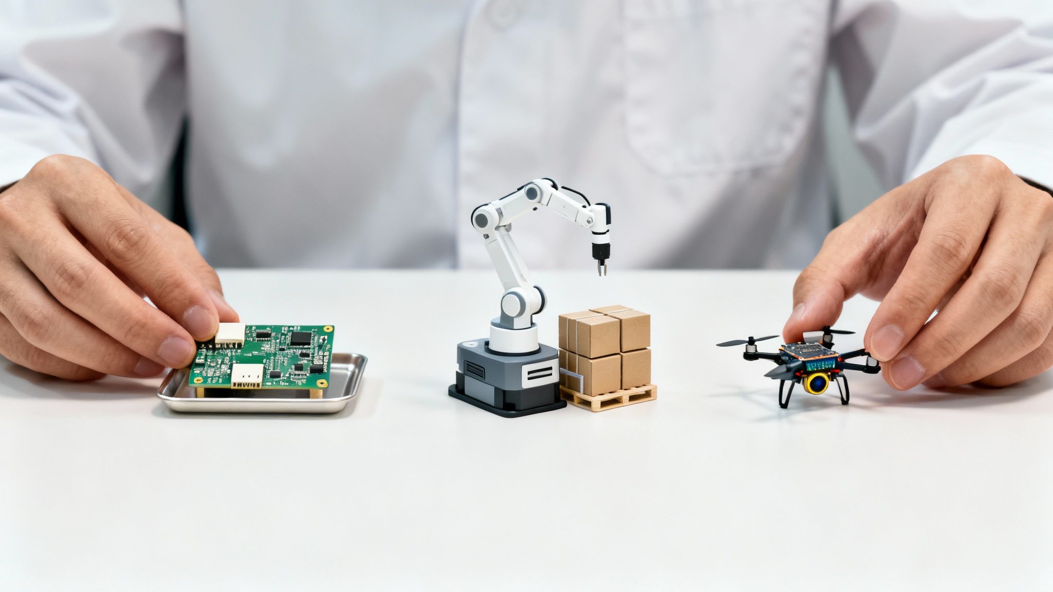 Hands of an engineer working with miniature circuit board, robotic arm, and drone, representing technology development.