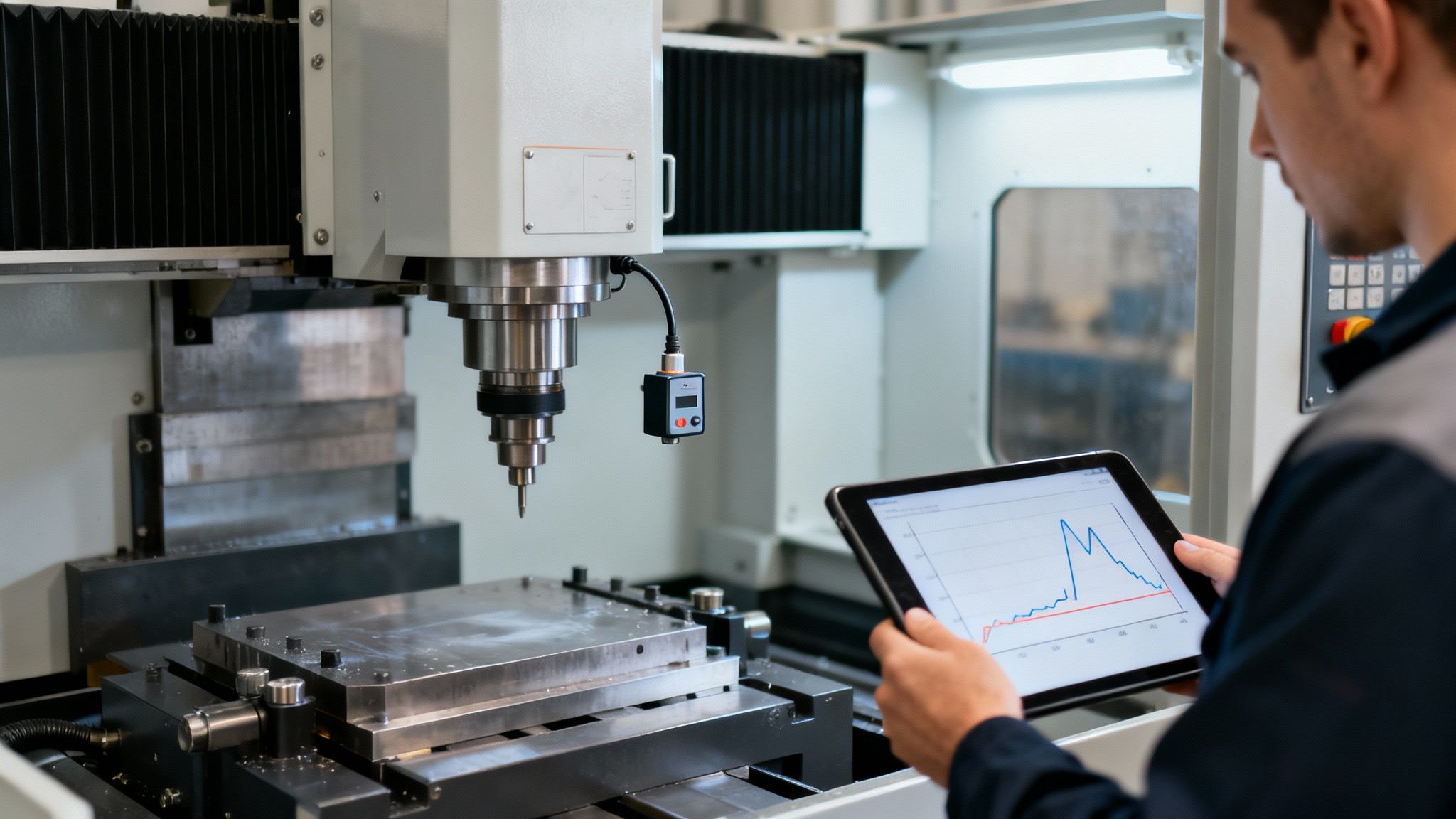 Engineer monitoring an industrial CNC machine with a tablet displaying performance data.