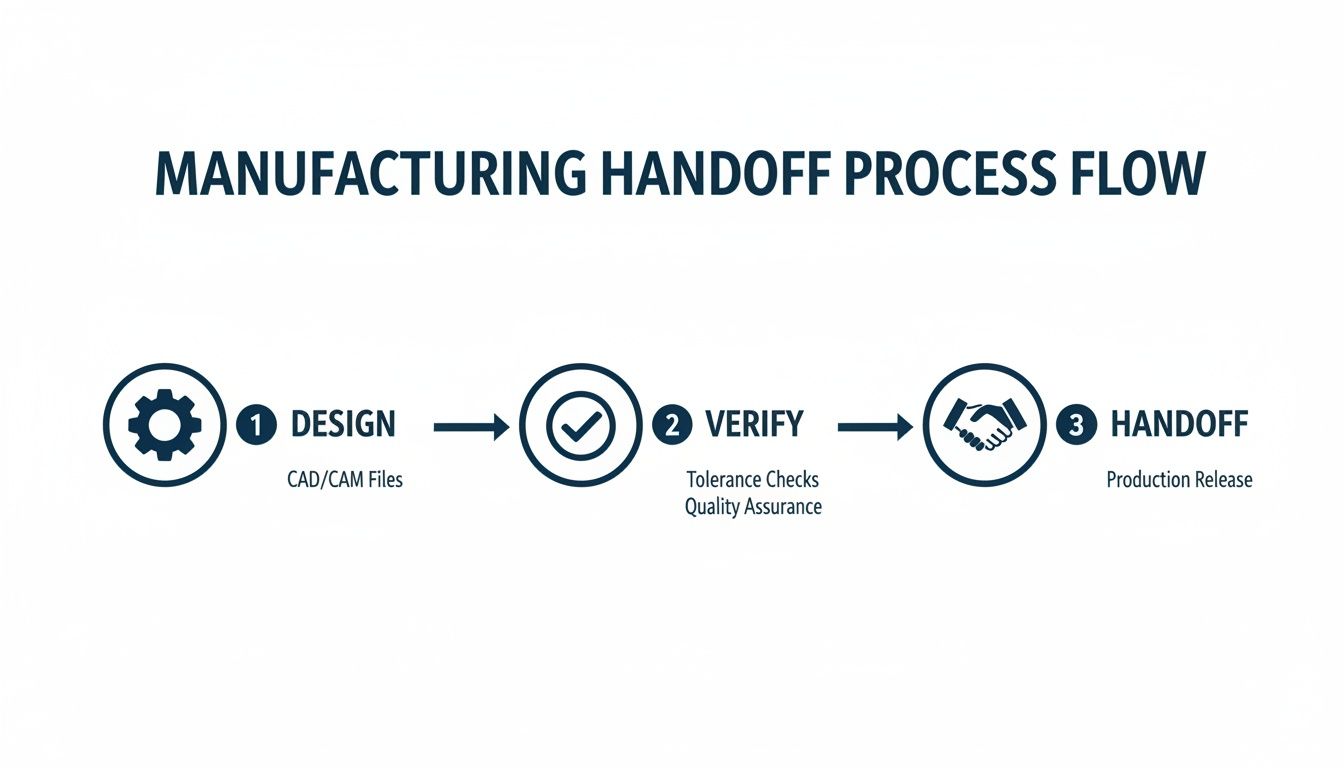 Manufacturing handoff process flow diagram showing steps: Design (CAD/CAM), Verify (checks), and Handoff (production release).