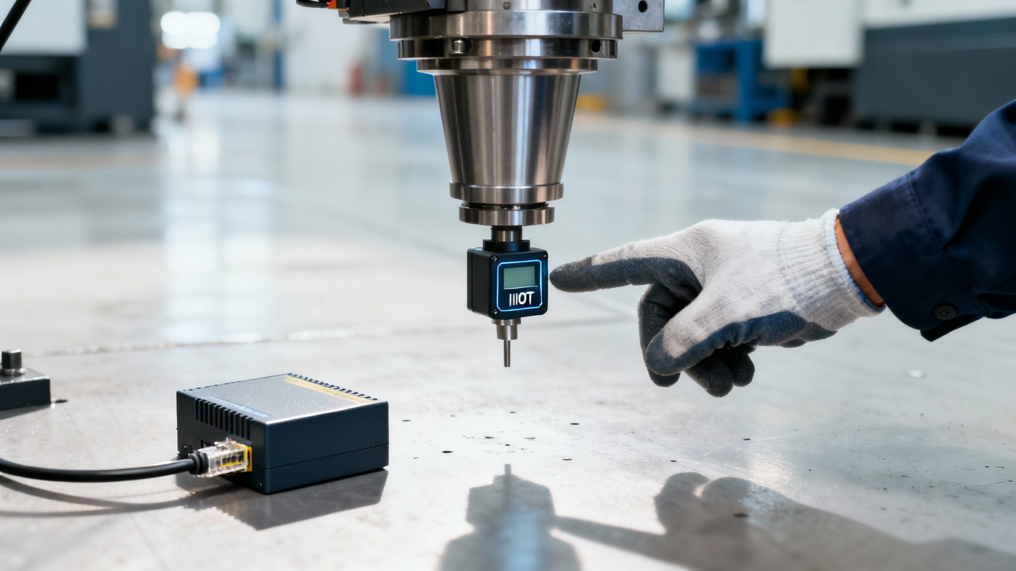 A gloved hand touches an IIoT measurement device attached to a CNC machine in a factory setting.