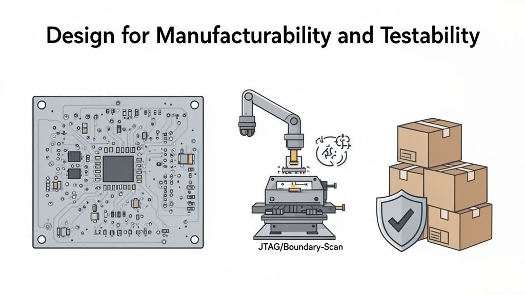 Illustration showing a PCB, robotic testing with JTAG/Boundary-Scan, and quality-assured product packaging, representing design for manufacturability and testability.