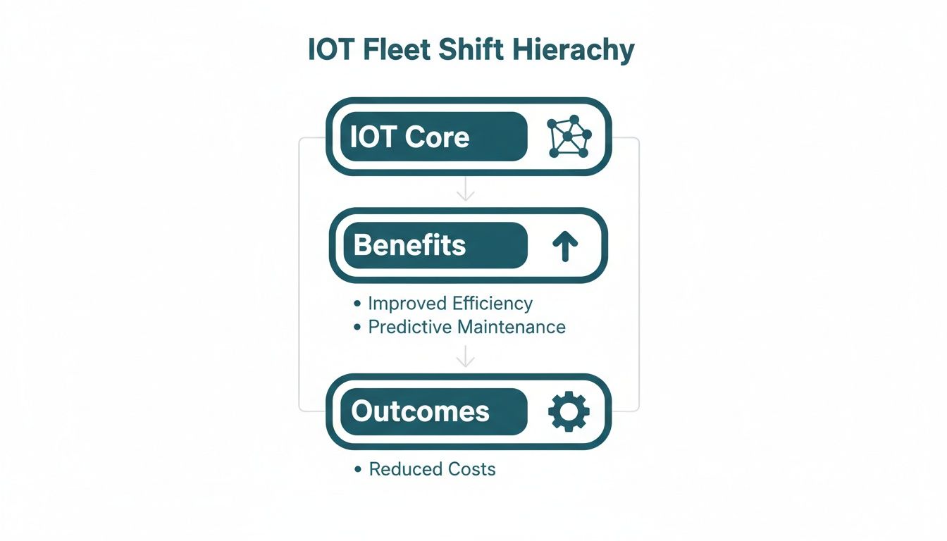 A hierarchical diagram illustrating IoT Core leading to benefits like improved efficiency, predictive maintenance, and reduced costs.