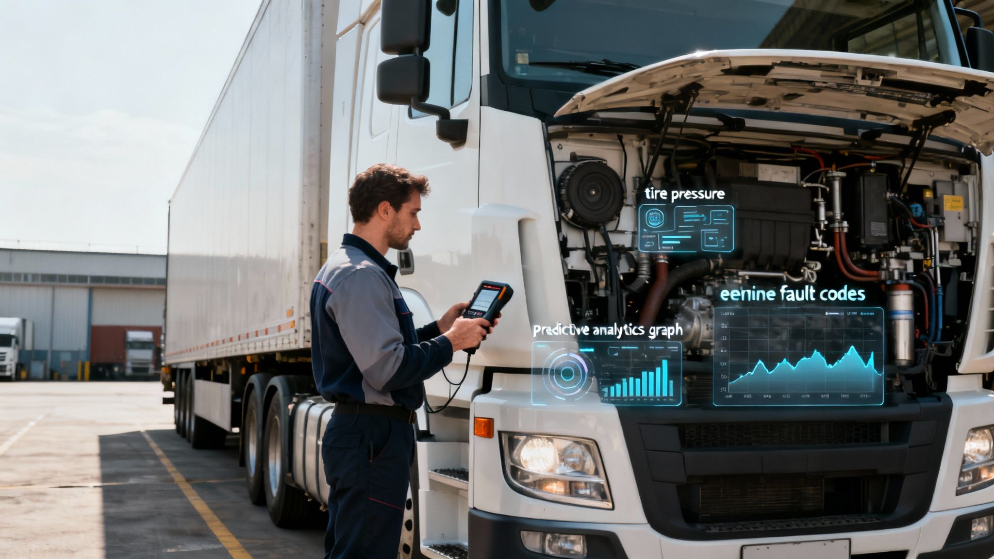 A technician inspects a truck engine with diagnostic tools and holographic data displays for tire pressure and fault codes.