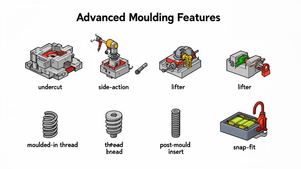 Illustrations of advanced injection moulding features including undercut, side-action, lifter, and threaded components.