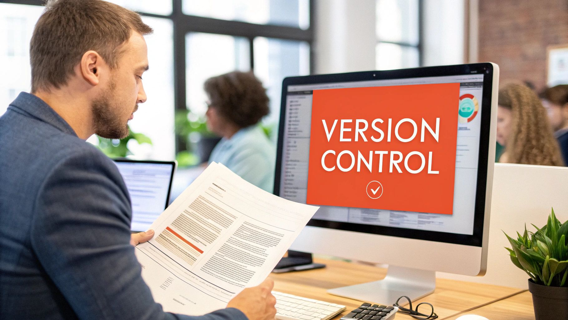 An abstract digital art image representing the concept of version control, with layered, semi-transparent files stacked on top of each other, indicating different versions of a digital asset.