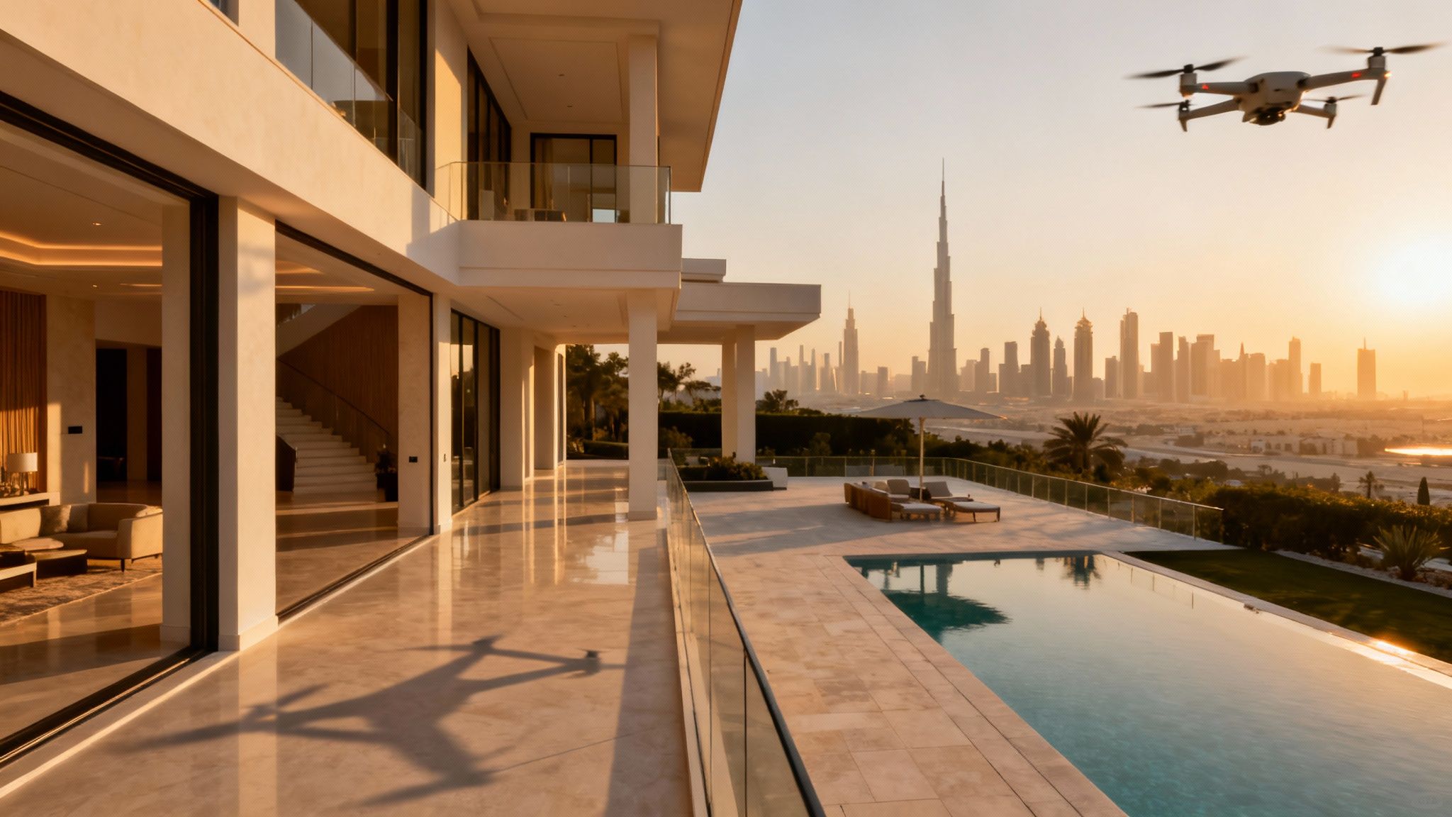 A luxurious modern villa with an infinity pool overlooking the Dubai skyline and Burj Khalifa at sunset, with a drone flying.