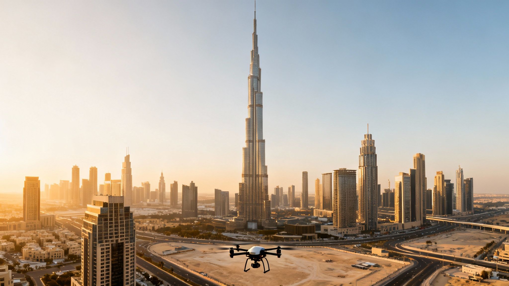 A drone flies over the illuminated Dubai cityscape at sunset, with the towering Burj Khalifa.