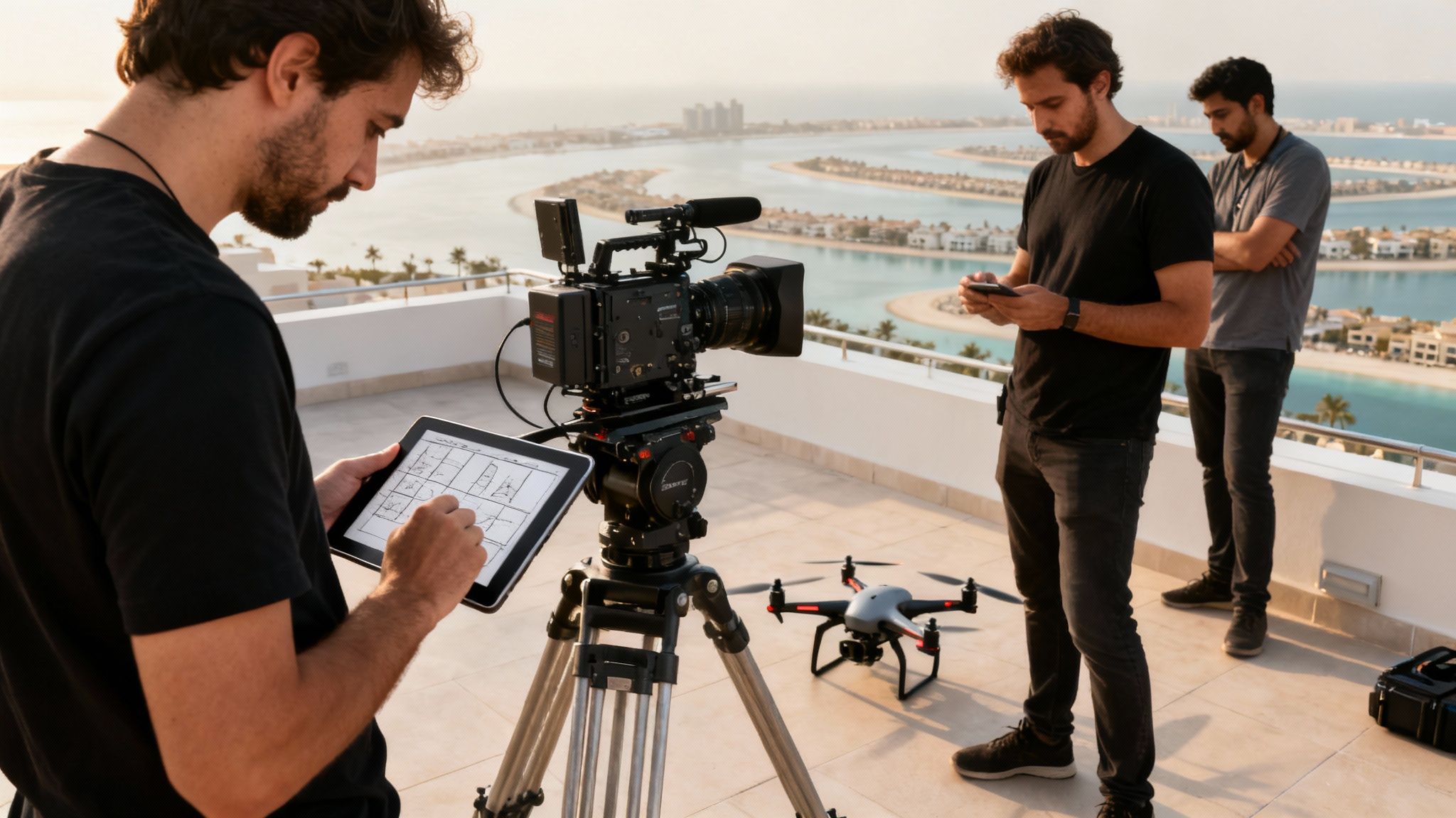 A film crew on a rooftop overlooking Dubai, working with a camera, drone, and tablet.
