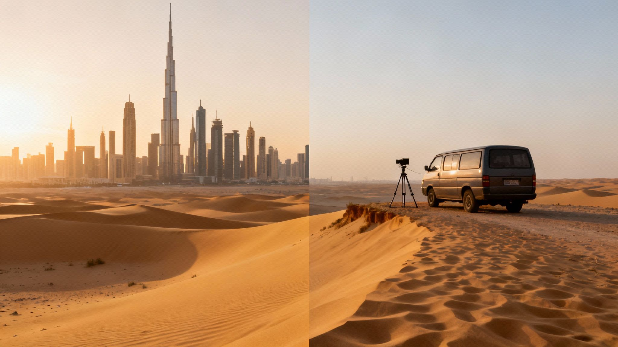 Split image: Dubai skyline at sunrise over desert dunes, and a camera filming in the desert.
