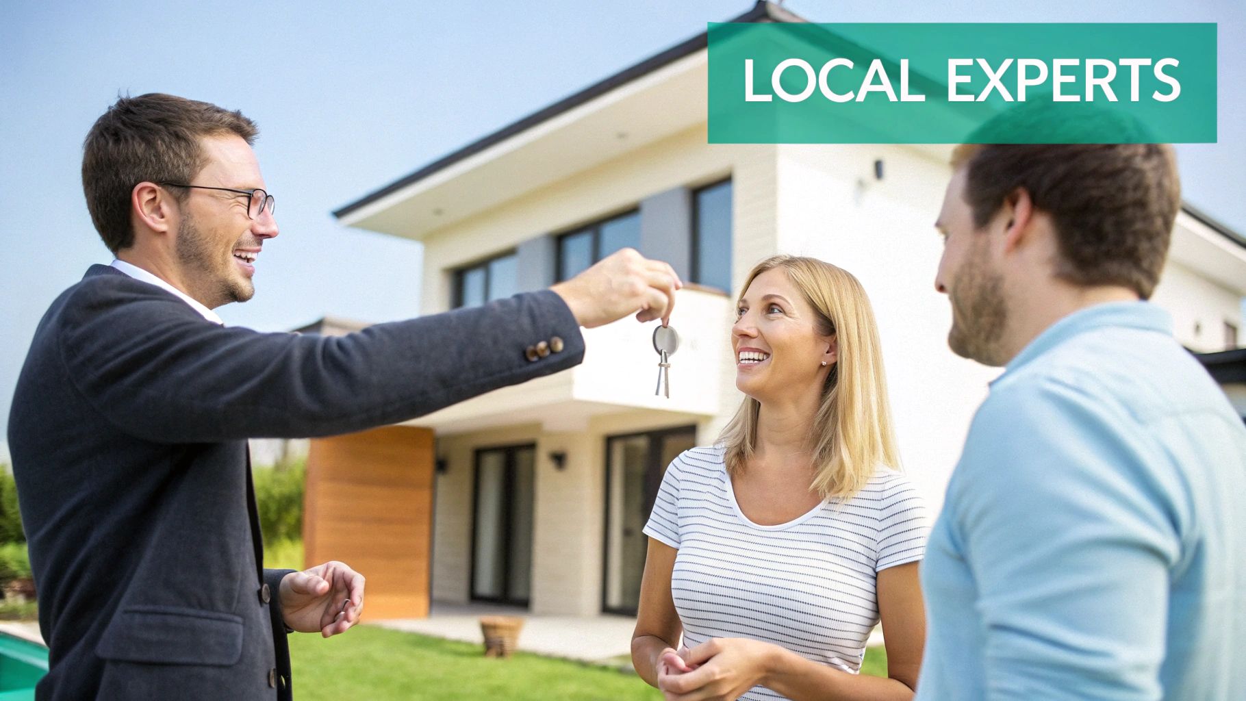 Un agent immobilier remet les clés de leur nouvelle maison moderne à un couple heureux.