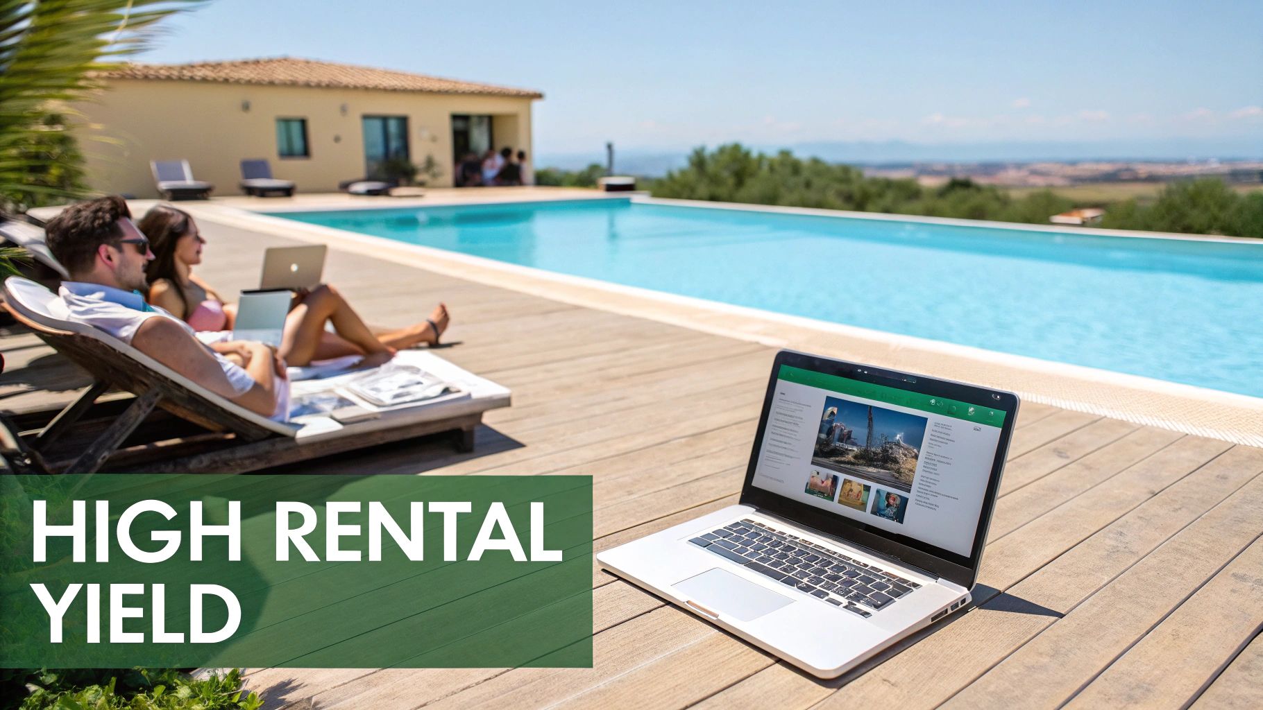 Pareja relajándose junto a una lujosa piscina en una villa, trabajando con computadoras portátiles con vistas panorámicas.