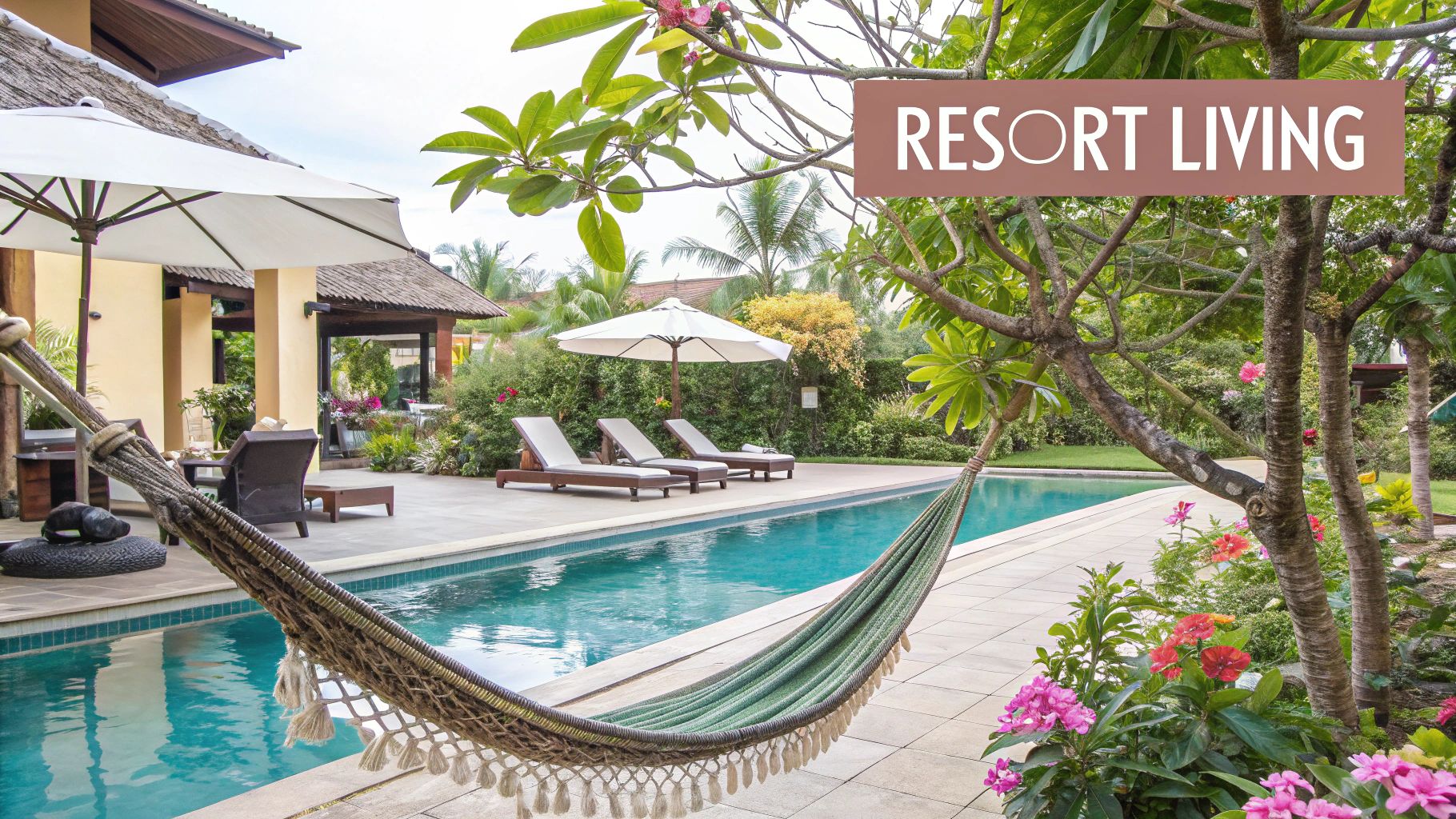 Balanza de la justicia equilibrada sobre un fondo tropical