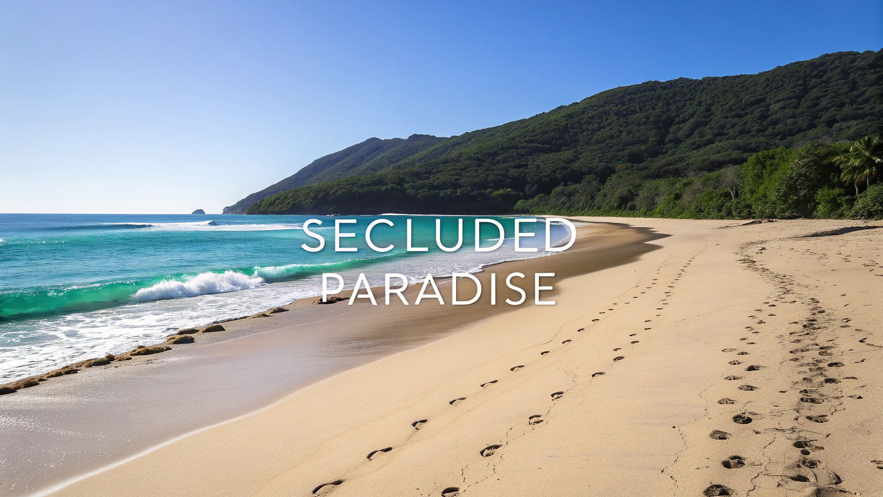 Una playa aislada y prístina con olas turquesas rompiendo sobre arena dorada, respaldada por montañas verdes.