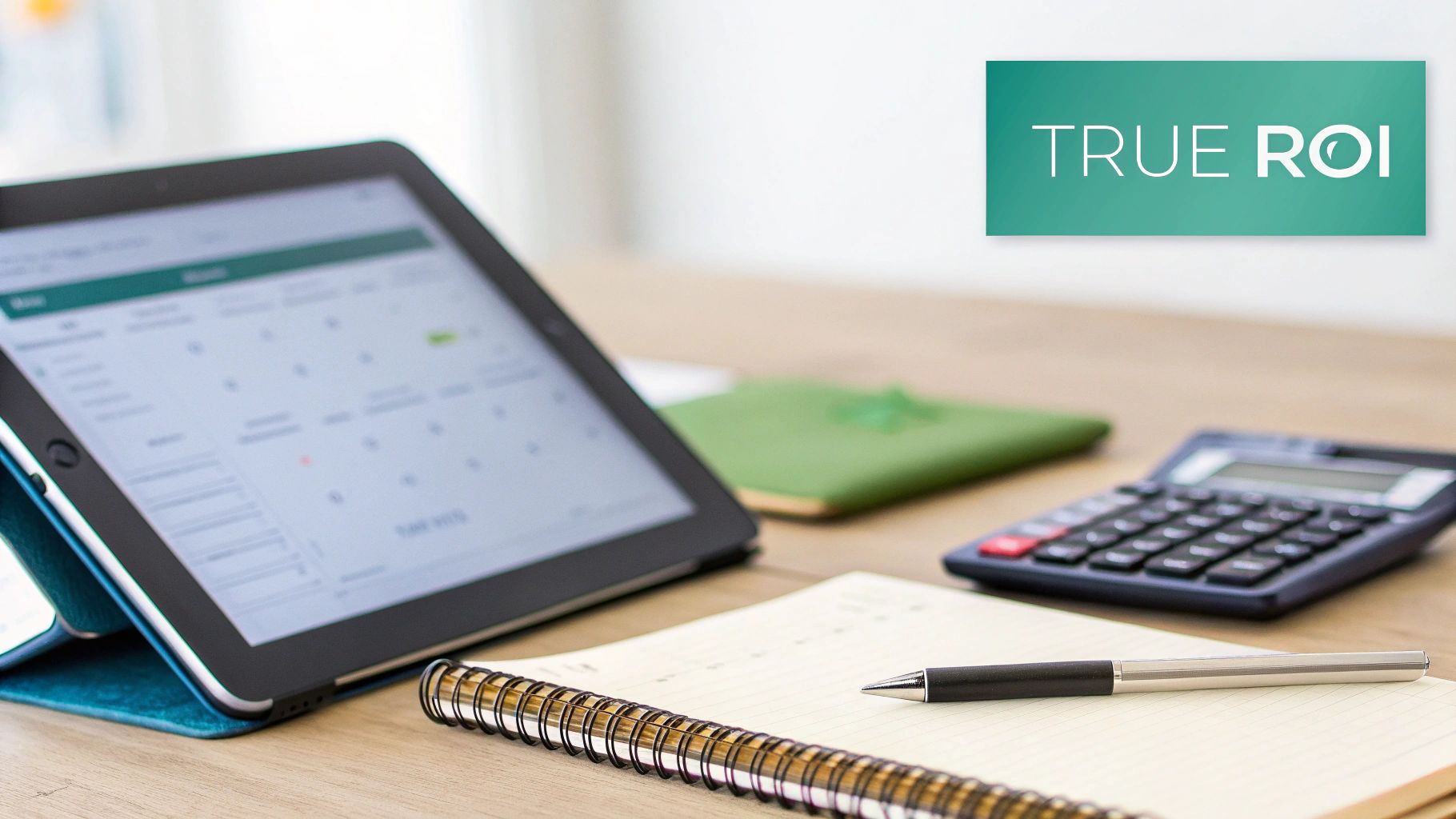 Un escritorio con una tableta, una calculadora, un cuaderno, un bolígrafo y un cartel que dice “TRUE ROI” (ROI REAL), que sugiere planificación financiera.