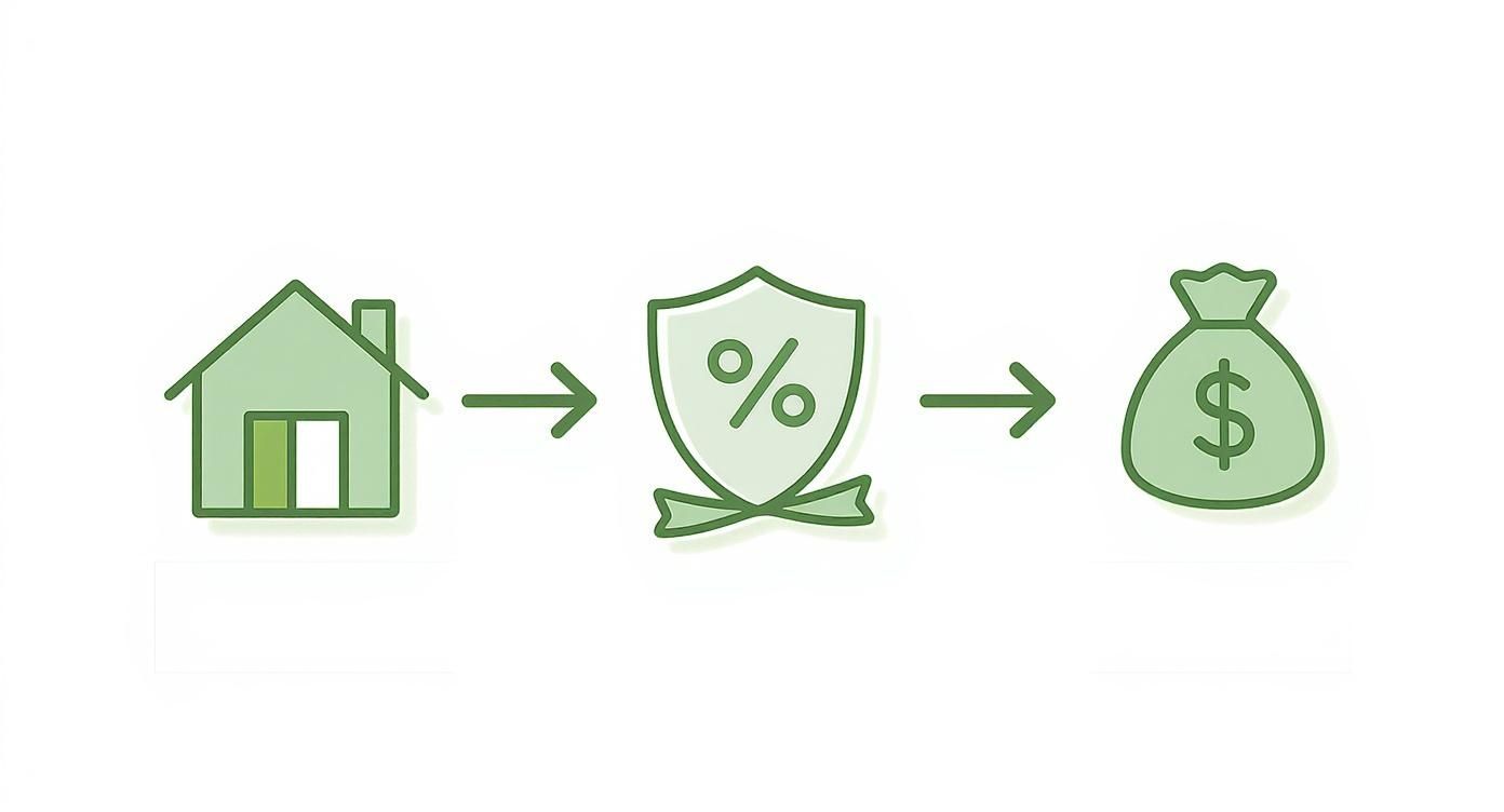 Los íconos verdes representan una casa, un escudo de porcentaje y una bolsa de dinero, que ilustran la financiación de propiedades.