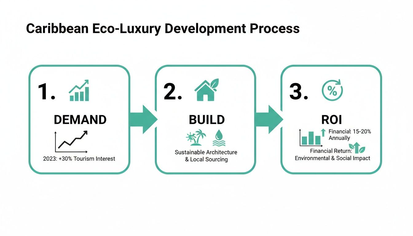 Organigramme détaillant le processus de développement éco-luxe des Caraïbes : demande, construction durable et retour sur investissement (ROI).