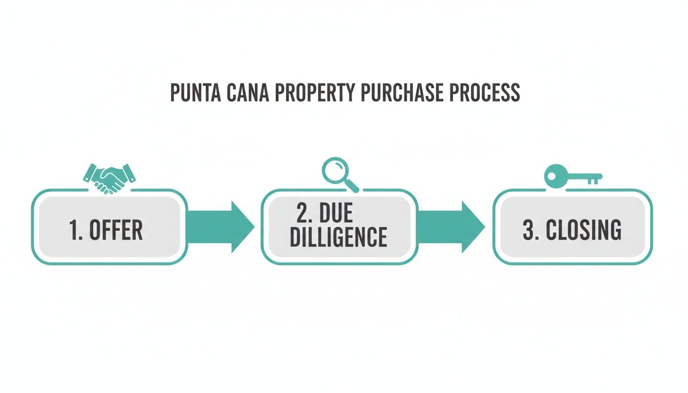 Une infographie illustrant le processus d'achat immobilier en trois étapes à Punta Cana : offre, vérification préalable et conclusion de la vente.