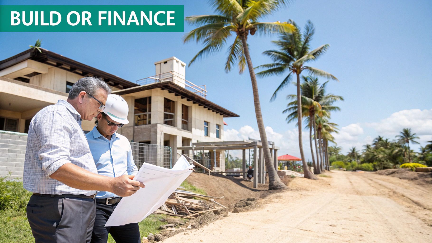 Dois operários da construção civil analisam plantas em um canteiro de obras tropical com palmeiras e uma grande casa em construção.