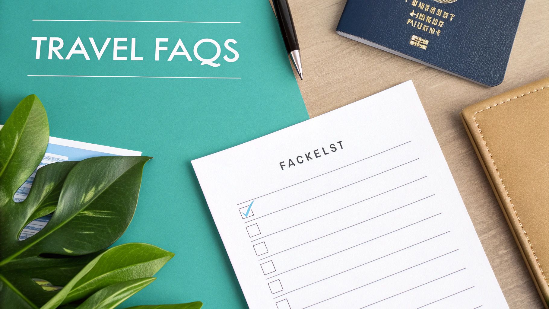 Lista de preguntas frecuentes sobre viajes con pasaporte, bolígrafo y documentos de viaje sobre fondo turquesa para planificar