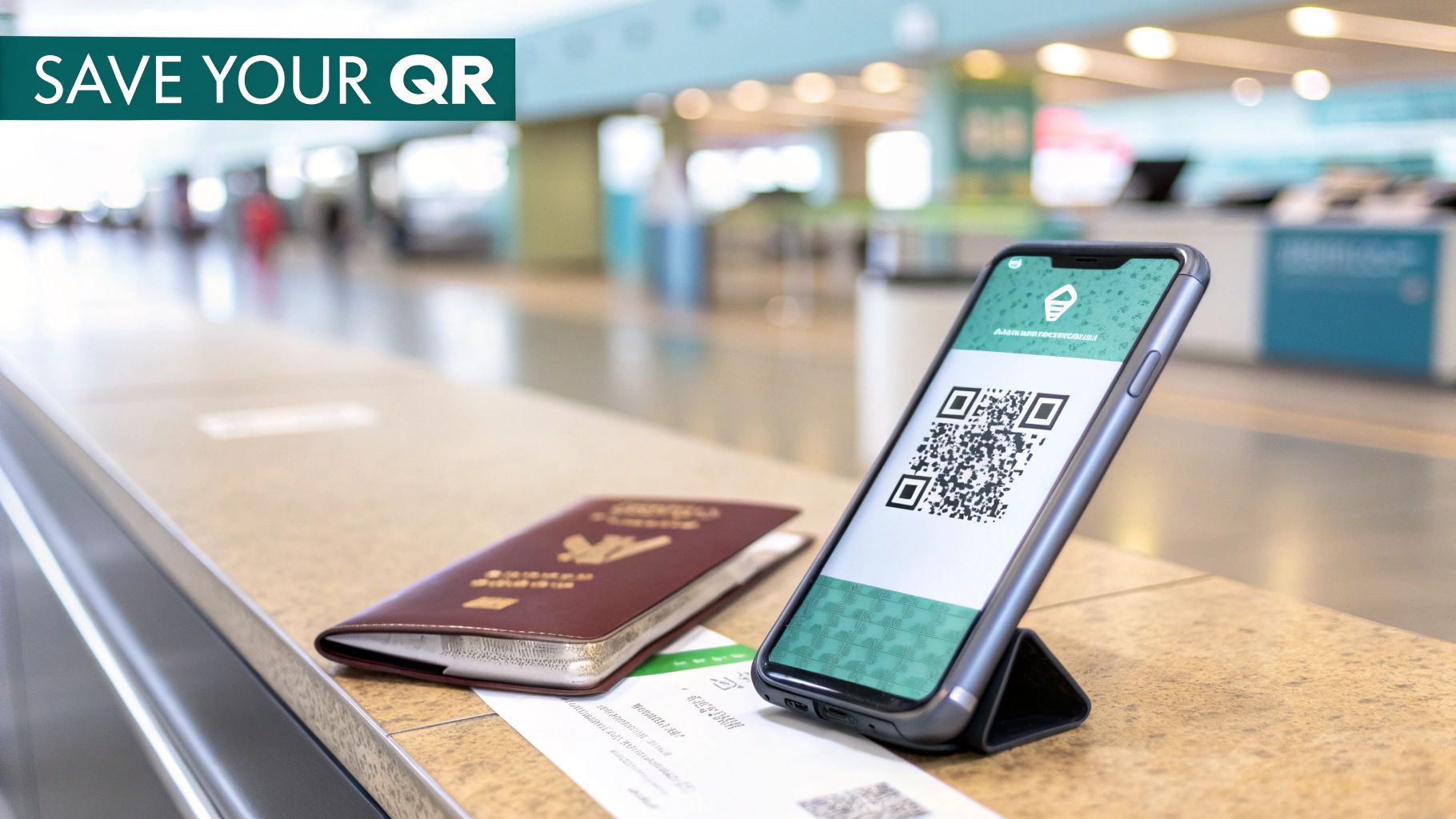 Un smartphone affichant un code QR de voyage à côté d'un passeport et d'un billet sur un comptoir d'aéroport.
