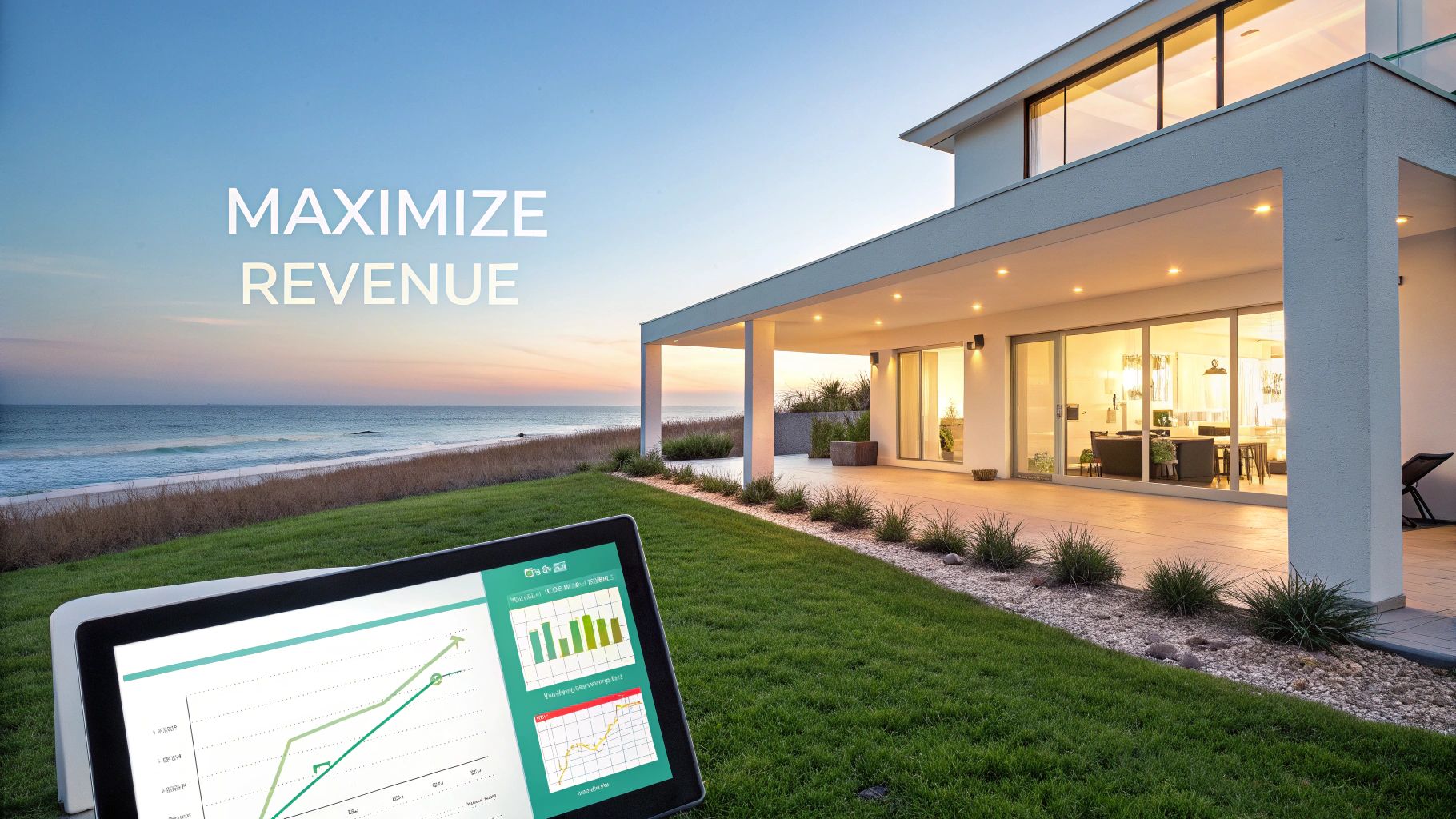 Une maison moderne en bord de mer au coucher du soleil, avec une tablette affichant des graphiques de croissance financière sur l'herbe verte.