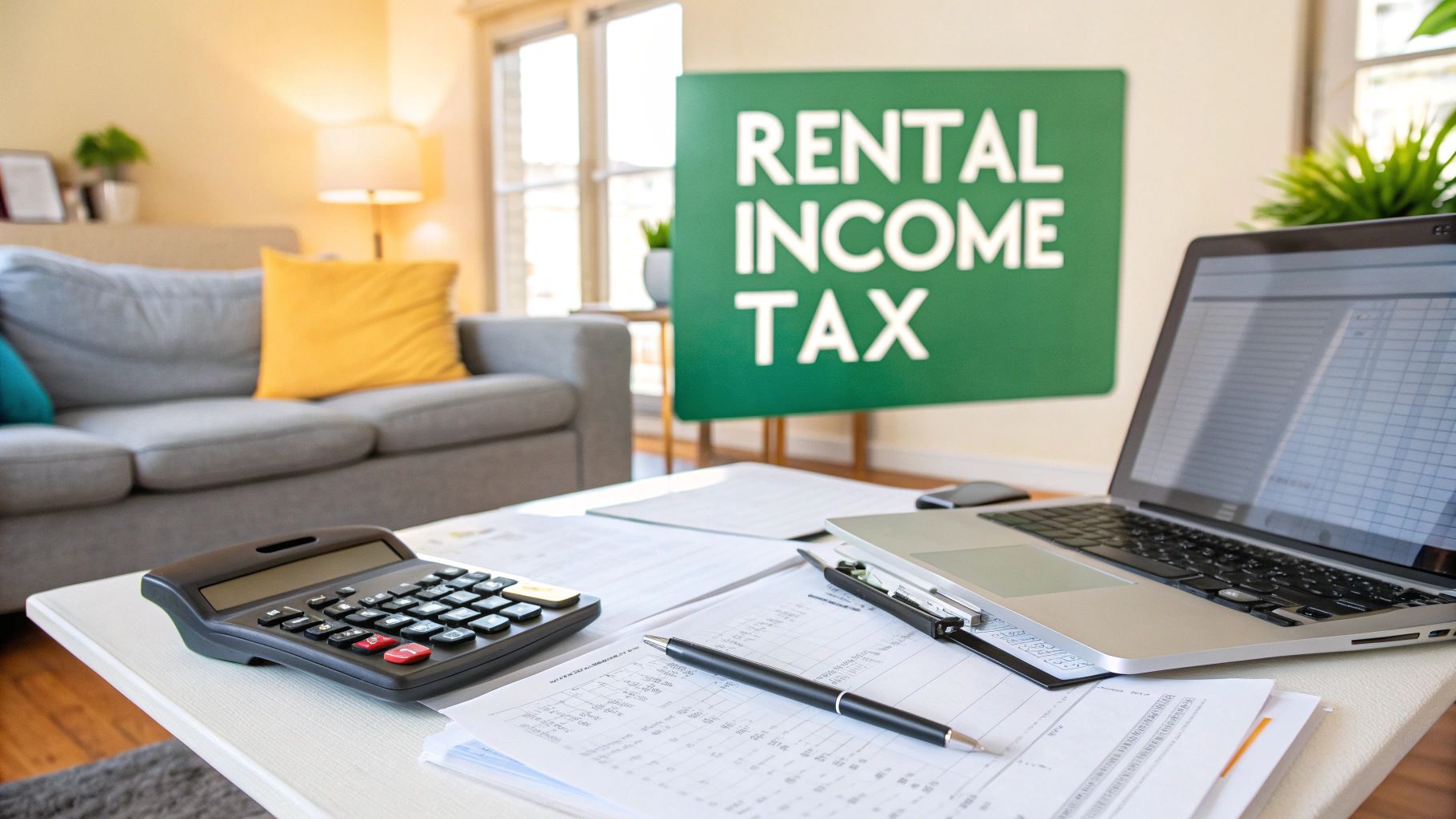 Modern living room with a view of the ocean, symbolizing rental income potential.